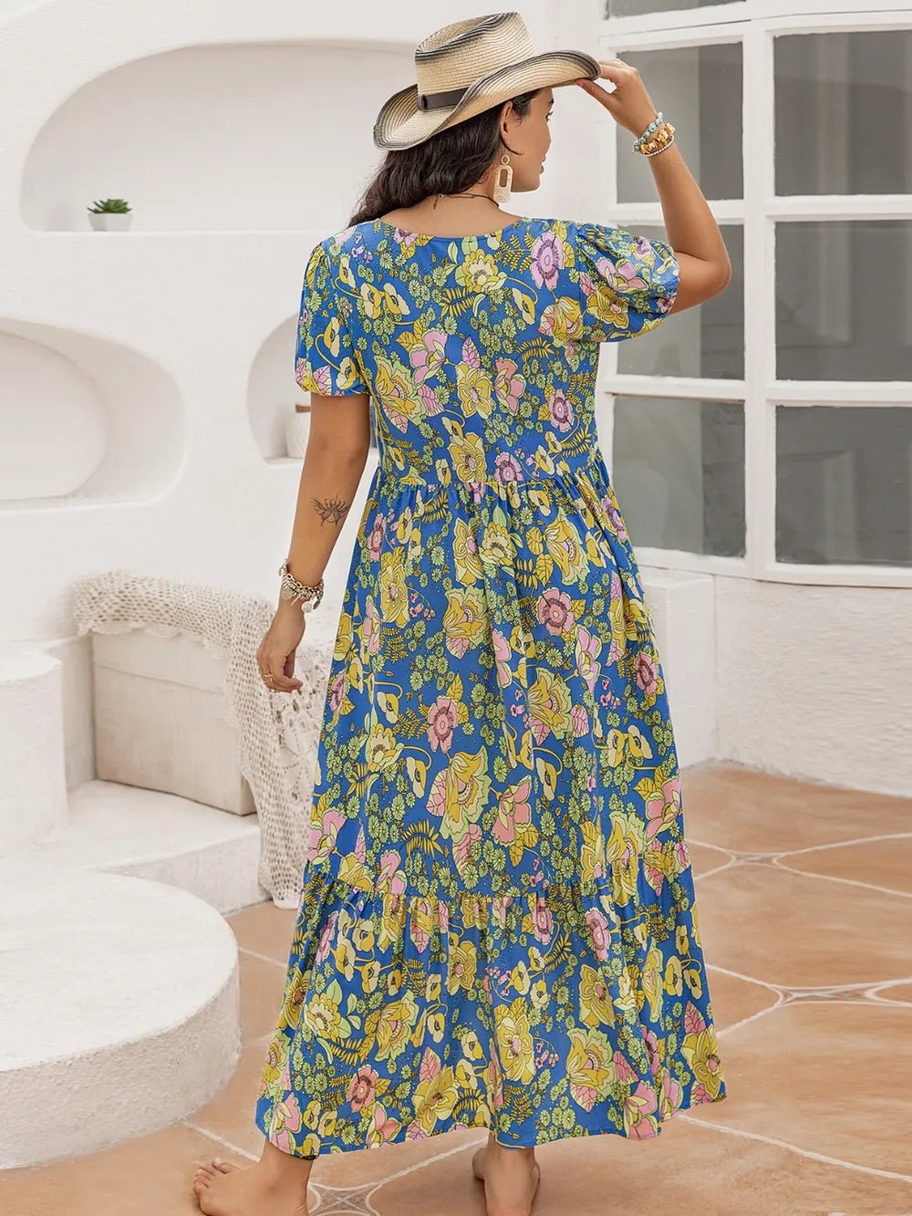 Plus Size Printed V - Neck Short Sleeve Maxi Dress - MAD RUFFI