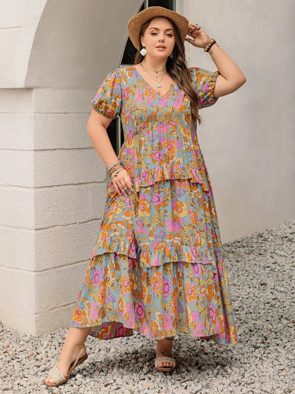 Plus Size Printed V - Neck Short Sleeve Maxi Dress - MAD RUFFI