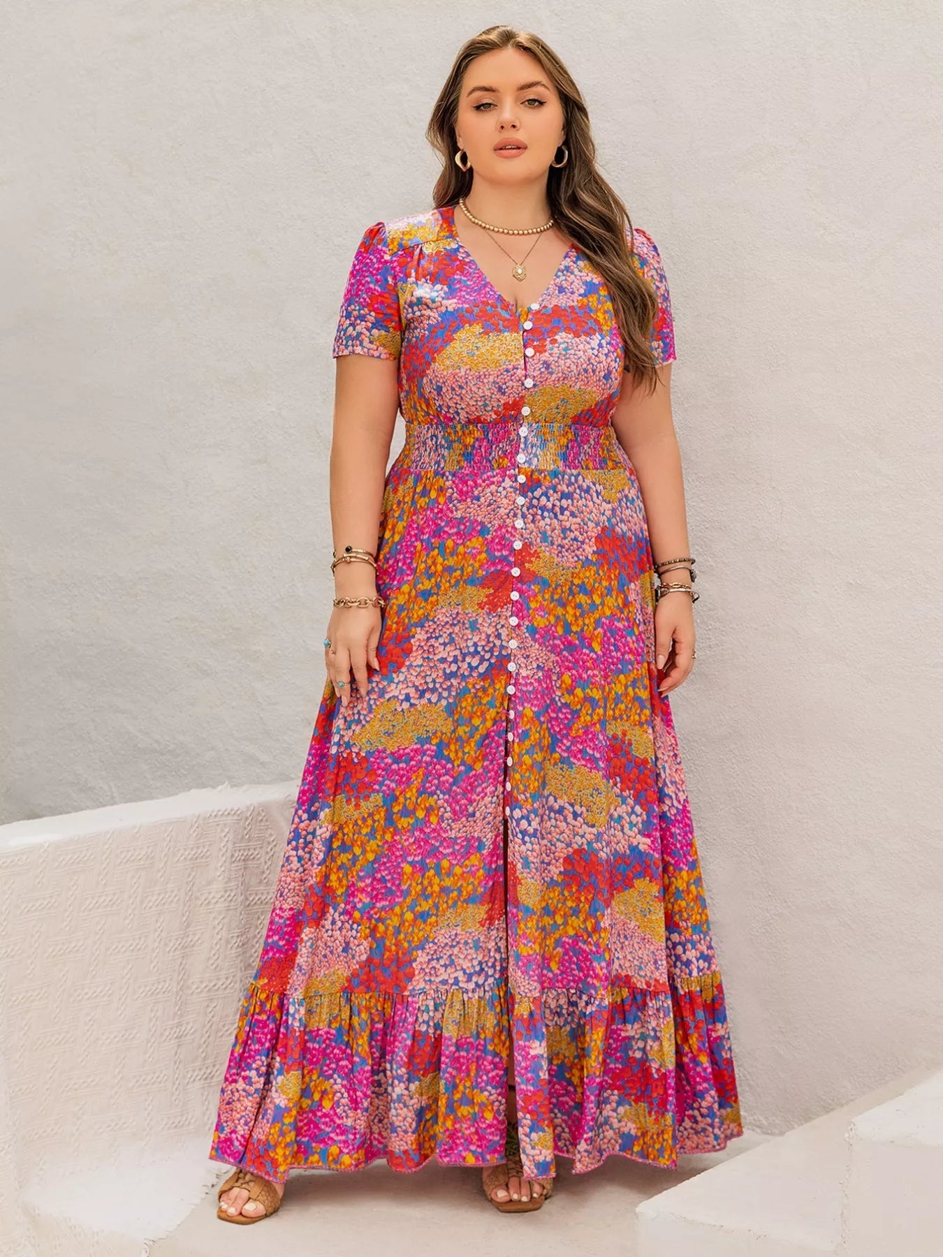 Plus Size Printed V - Neck Short Sleeve Maxi Dress - MAD RUFFI