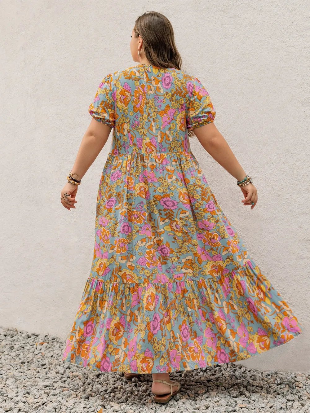 Plus Size Printed V - Neck Short Sleeve Maxi Dress - MAD RUFFI
