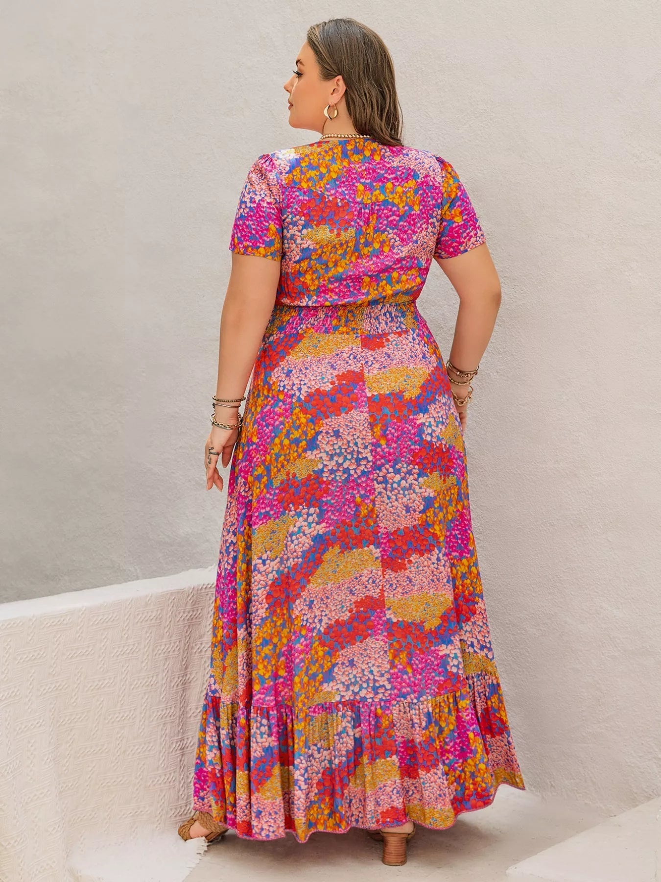 Plus Size Printed V - Neck Short Sleeve Maxi Dress - MAD RUFFI