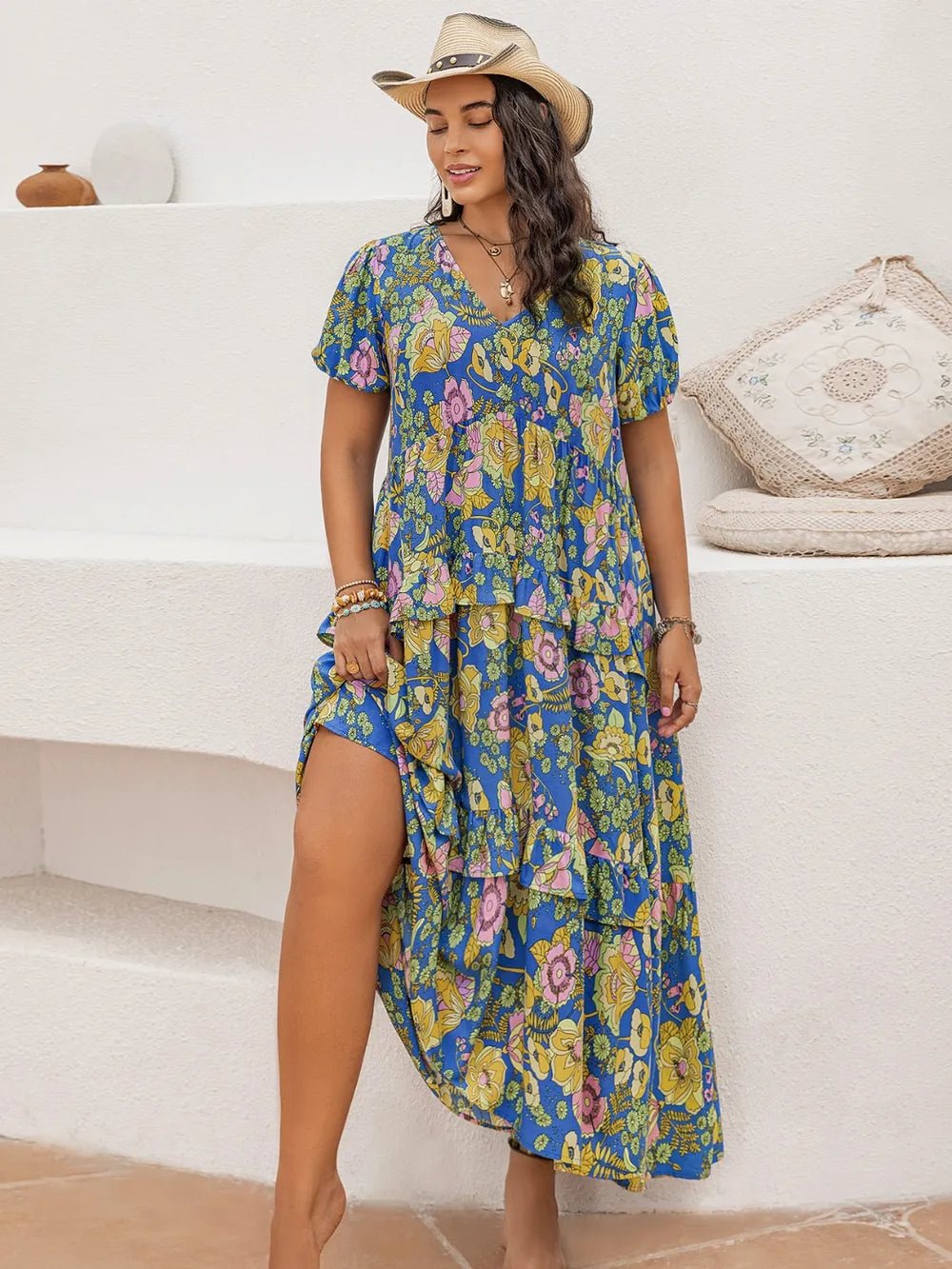 Plus Size Printed V - Neck Short Sleeve Maxi Dress - MAD RUFFI