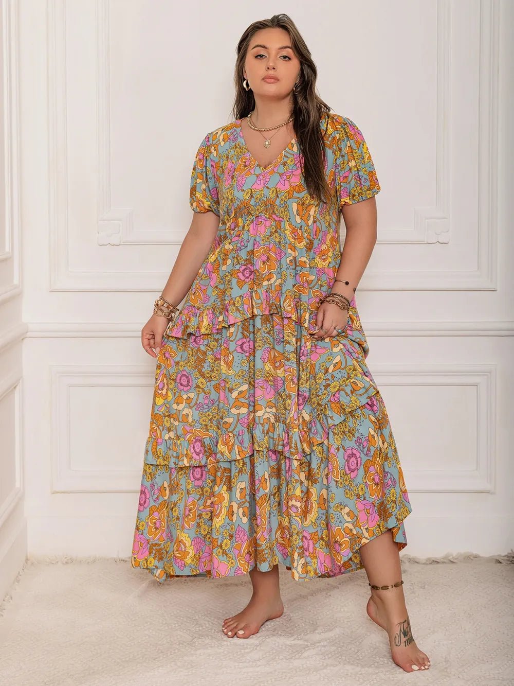 Plus Size Printed V - Neck Short Sleeve Maxi Dress - MAD RUFFI