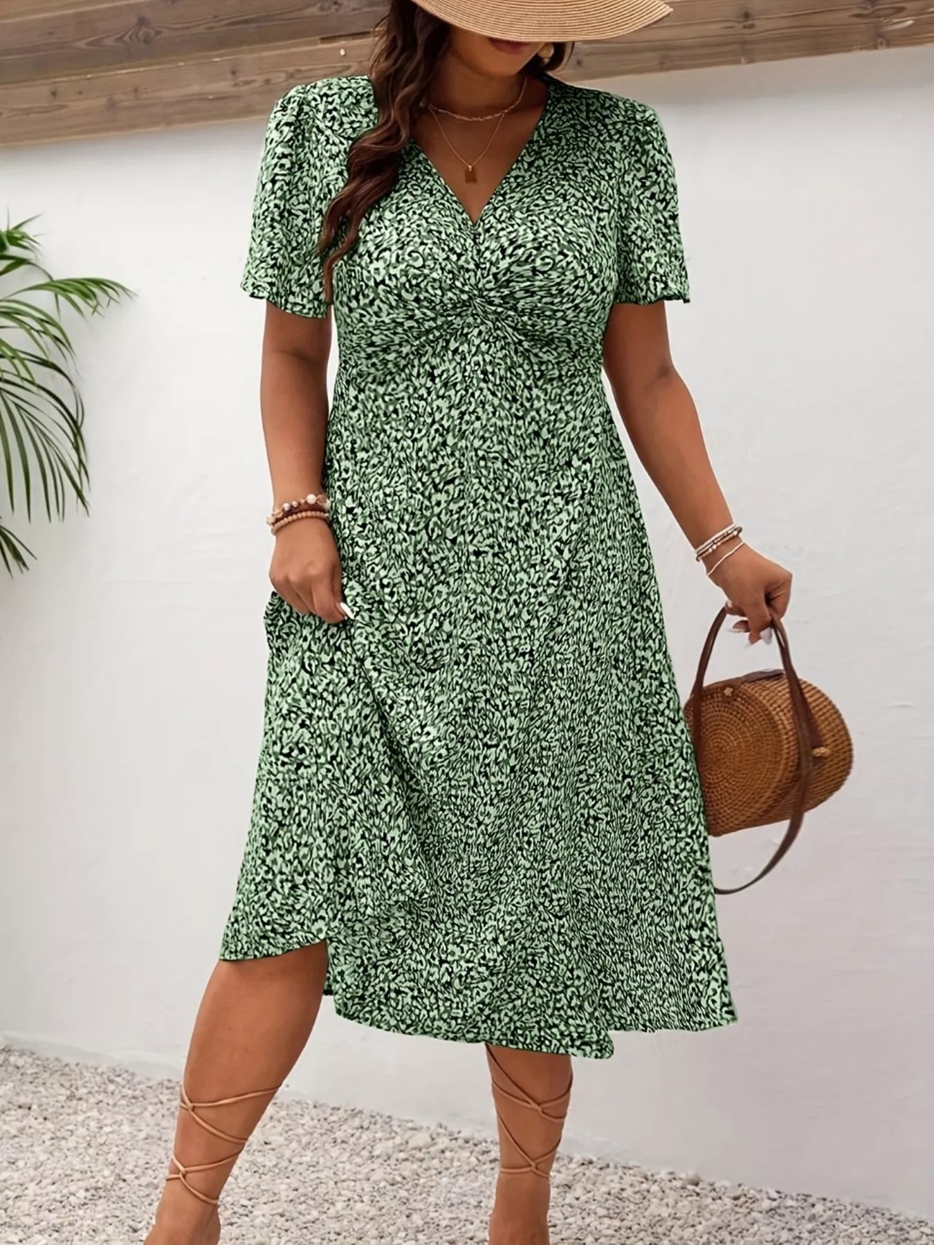 Plus Size Printed V - Neck Short Sleeve Midi Dress - MAD RUFFI