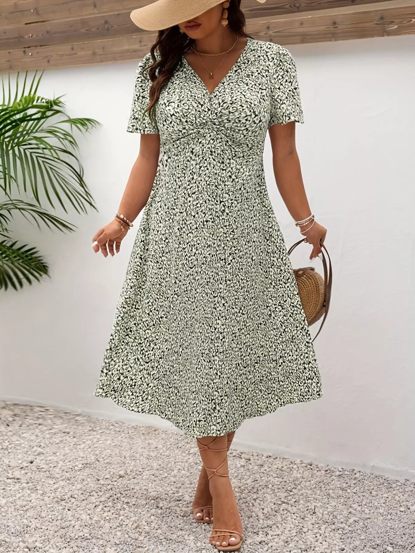 Plus Size Printed V - Neck Short Sleeve Midi Dress - MAD RUFFI