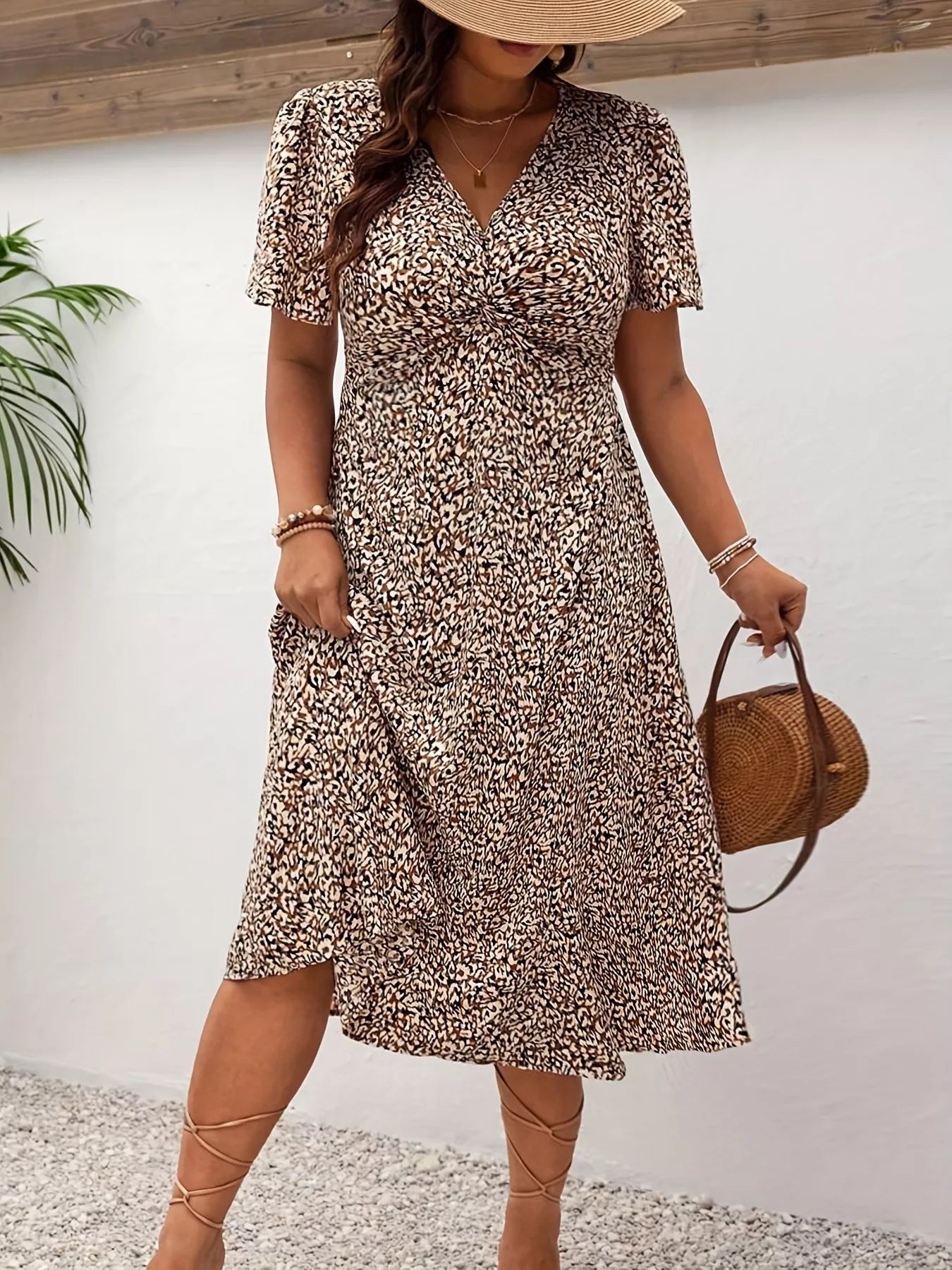 Plus Size Printed V - Neck Short Sleeve Midi Dress - MAD RUFFI