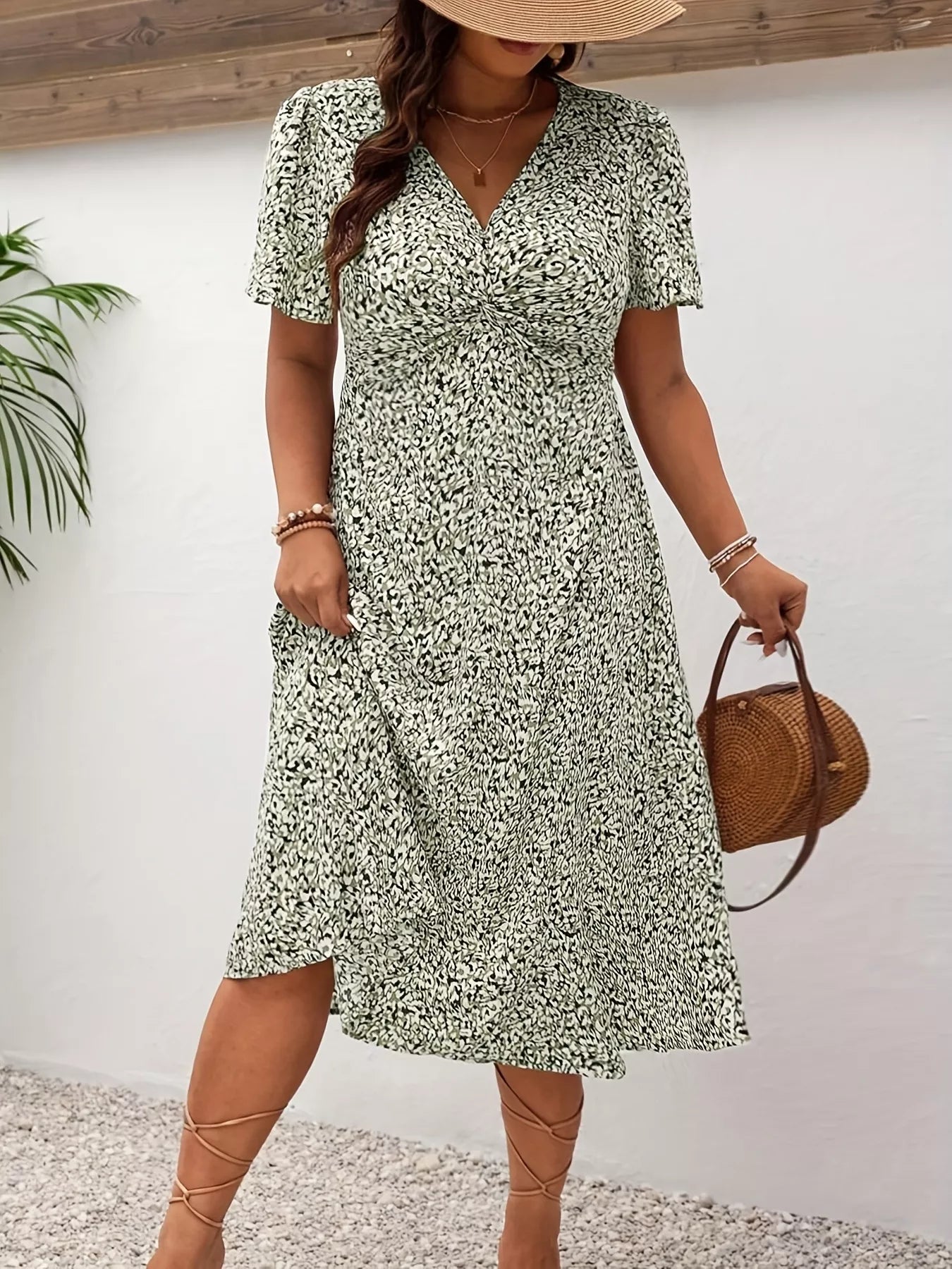 Plus Size Printed V - Neck Short Sleeve Midi Dress - MAD RUFFI