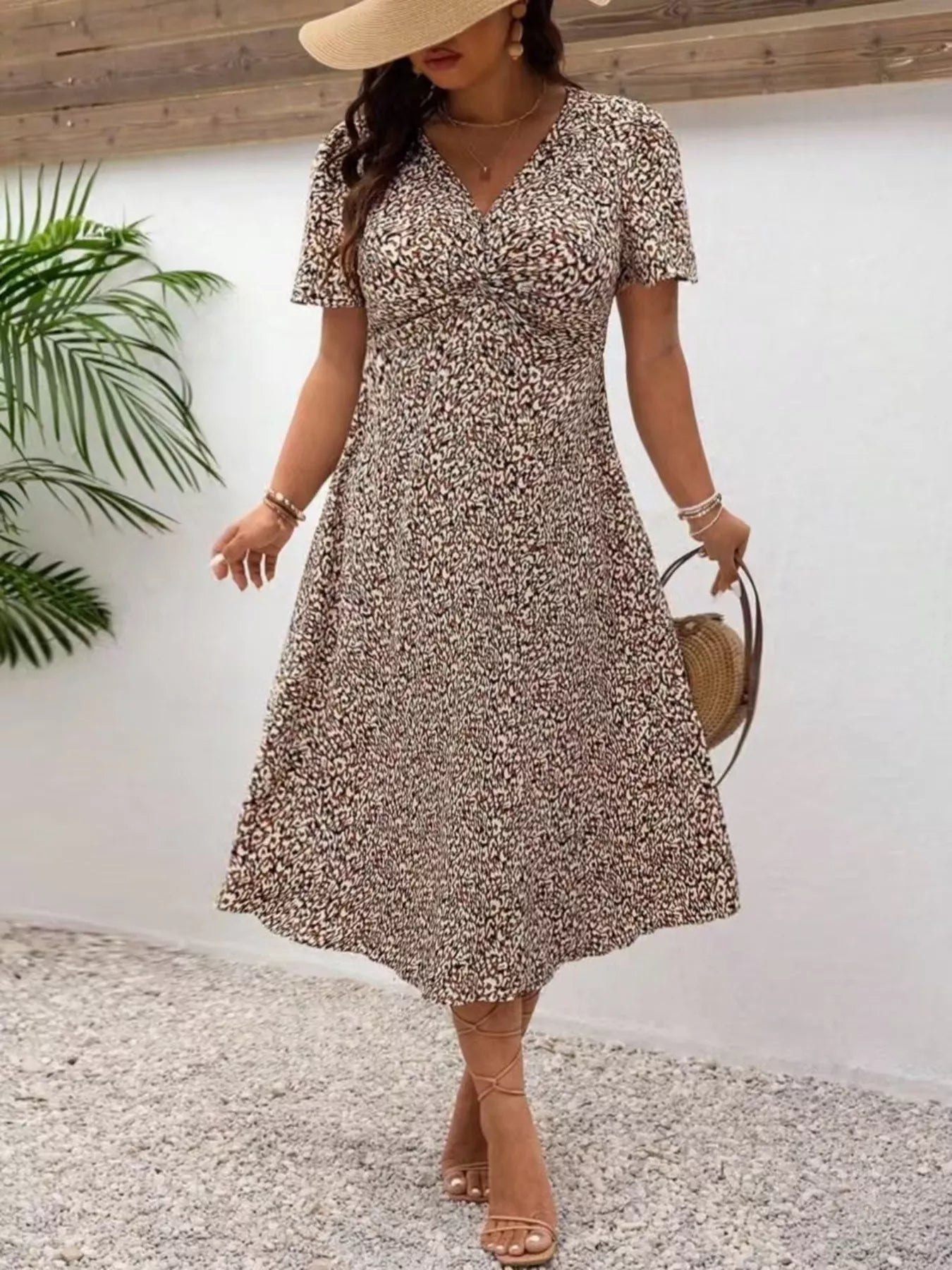 Plus Size Printed V - Neck Short Sleeve Midi Dress - MAD RUFFI