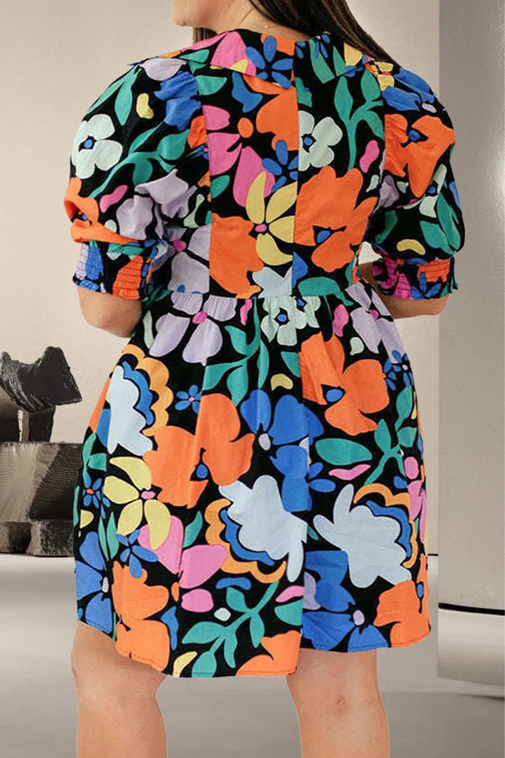 Plus Size Printed V - Neck Short Sleeve Mini Dress - MAD RUFFI