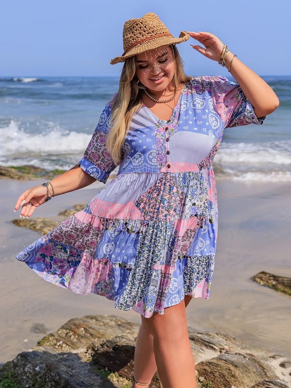 Plus Size Printed V - Neck Tiered Mini Dress - MAD RUFFI
