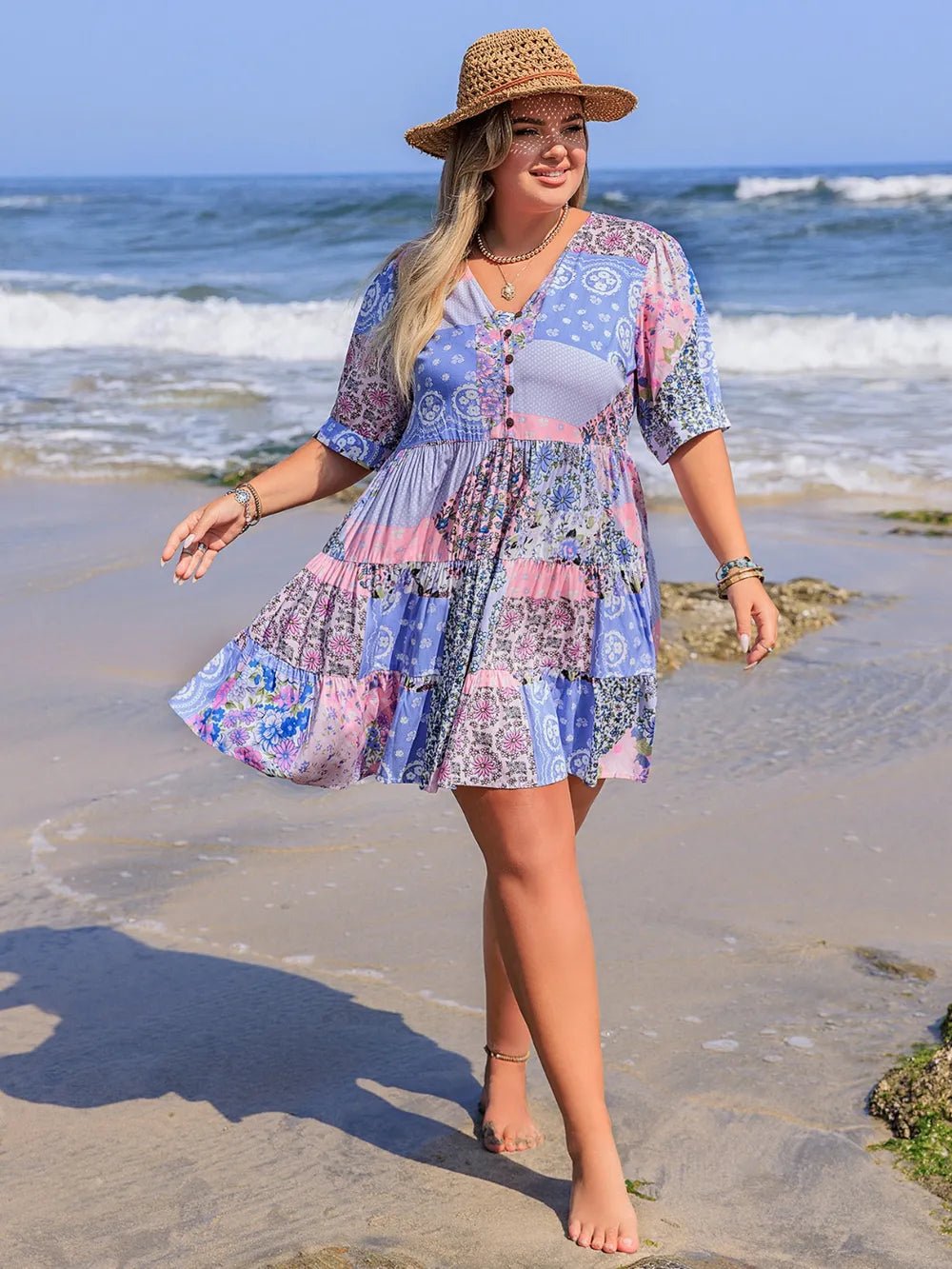 Plus Size Printed V - Neck Tiered Mini Dress - MAD RUFFI