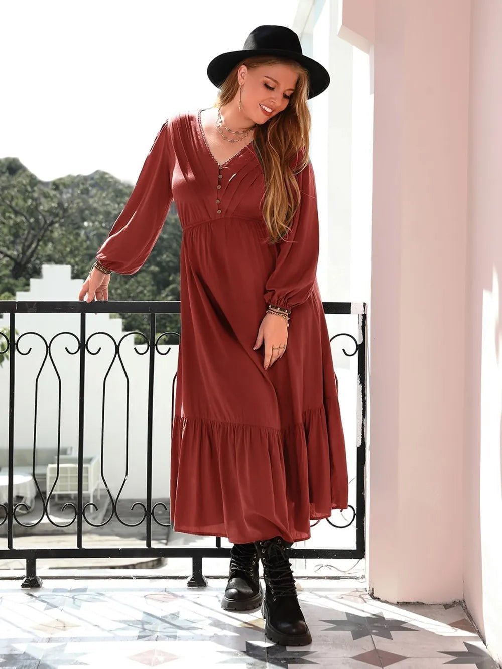 Plus Size Quarter Button V - Neck Long Sleeve Dress - MAD RUFFI