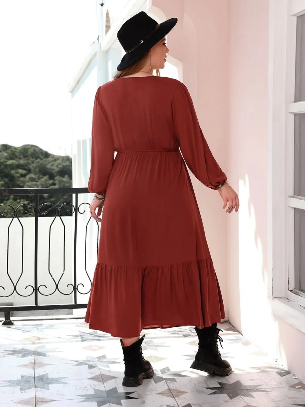 Plus Size Quarter Button V - Neck Long Sleeve Dress - MAD RUFFI