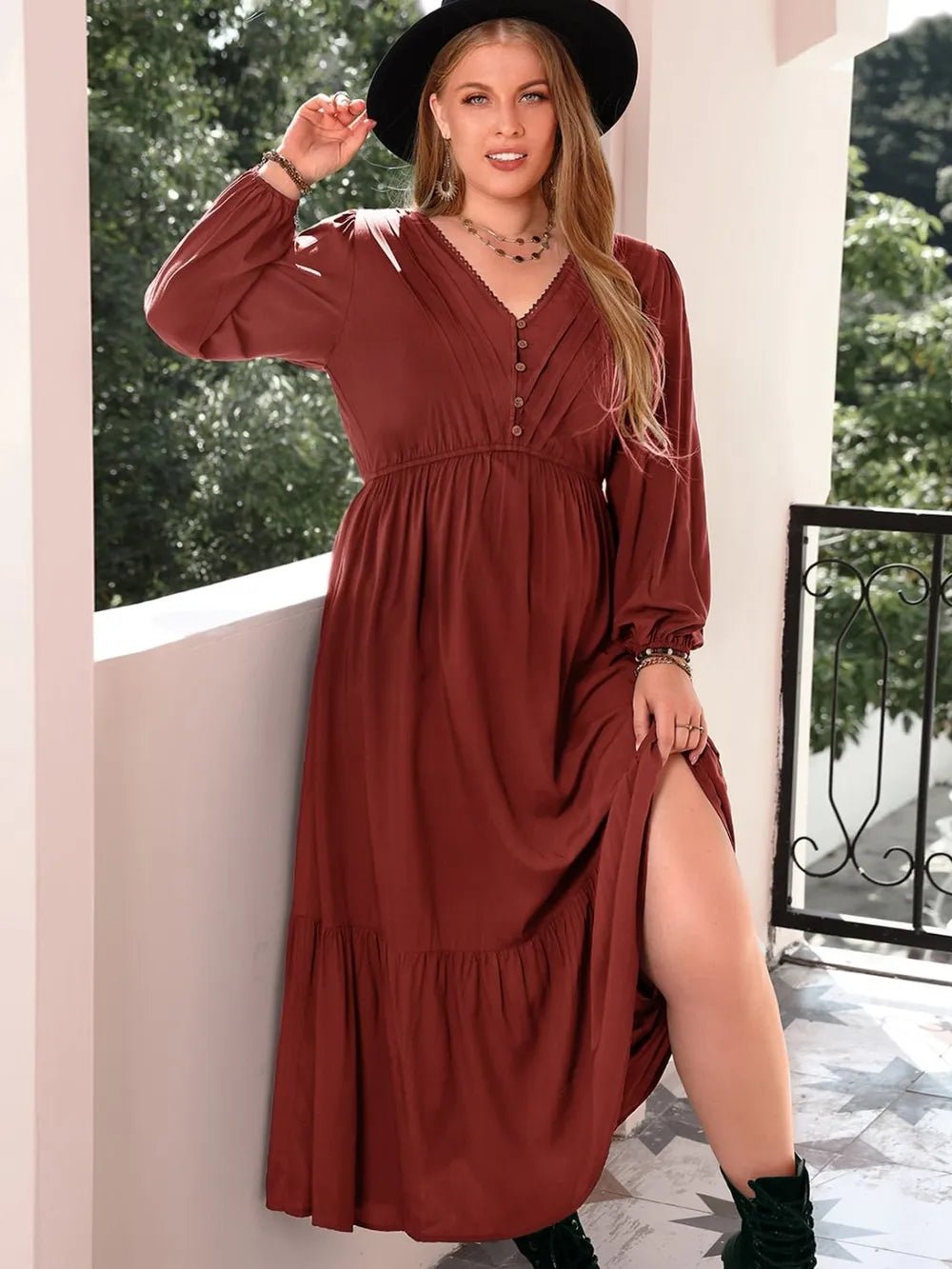 Plus Size Quarter Button V - Neck Long Sleeve Dress - MAD RUFFI
