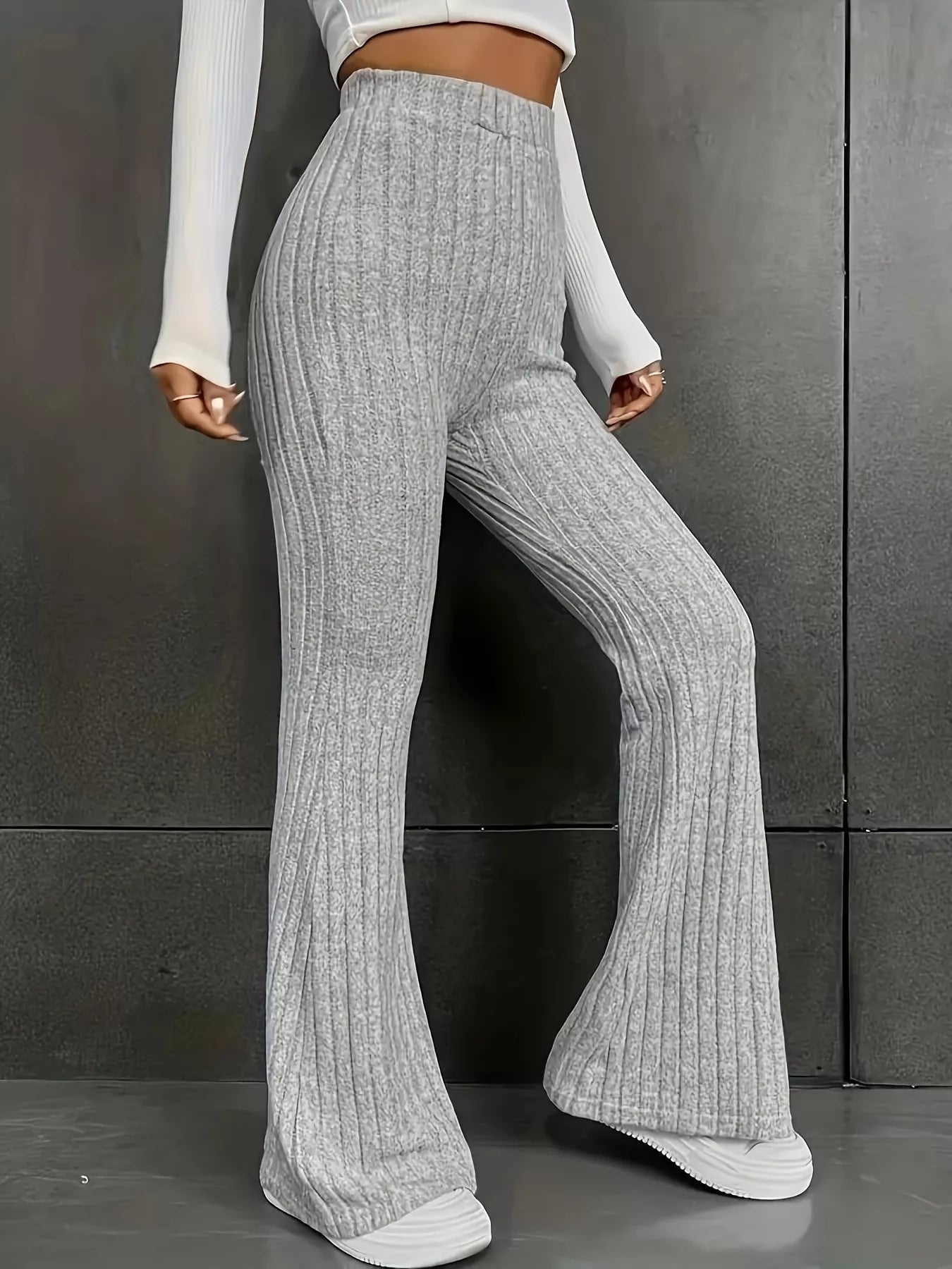 Plus Size Ribbed Knit High Waist Flare Pants - MAD RUFFI