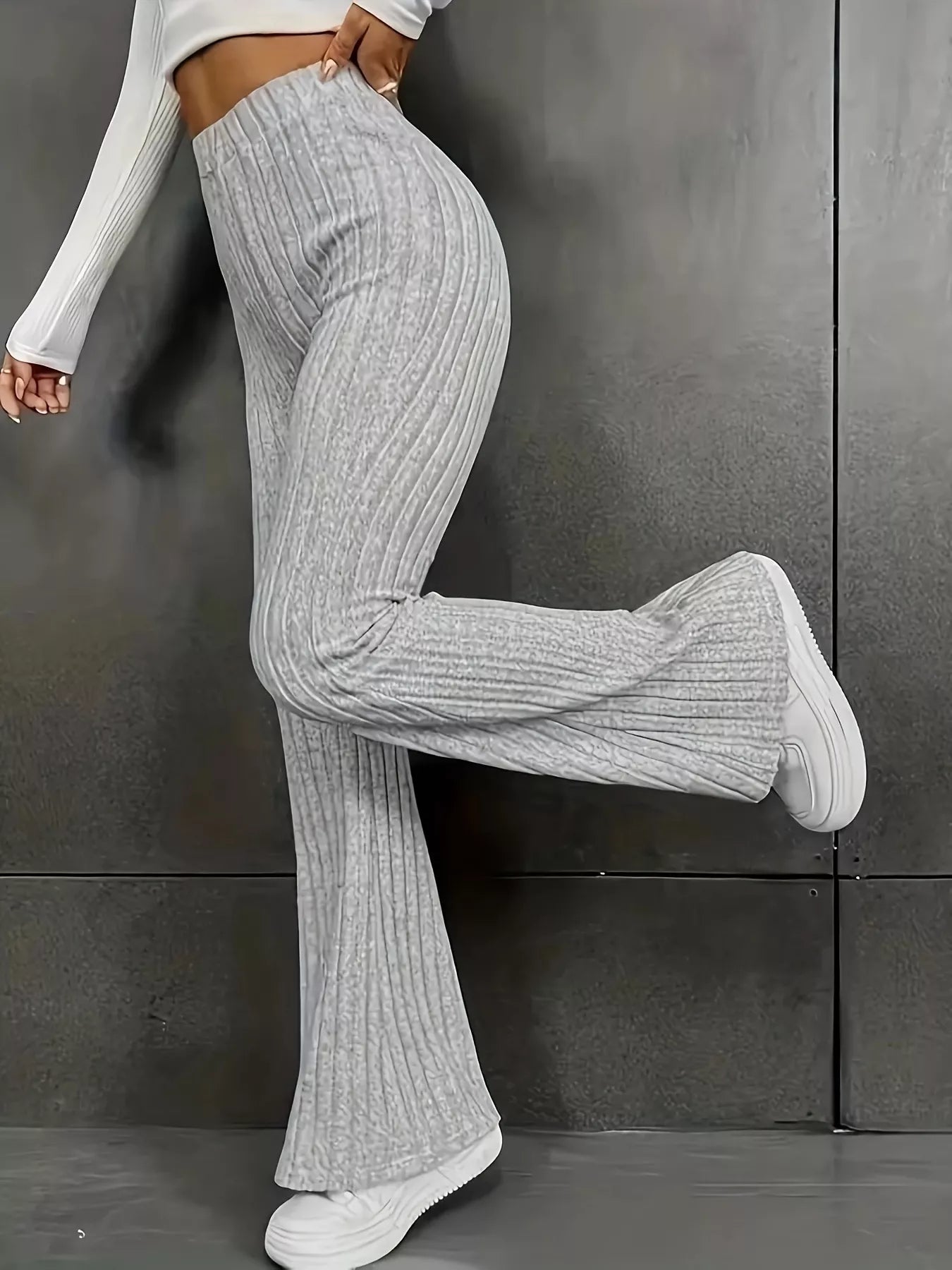 Plus Size Ribbed Knit High Waist Flare Pants - MAD RUFFI