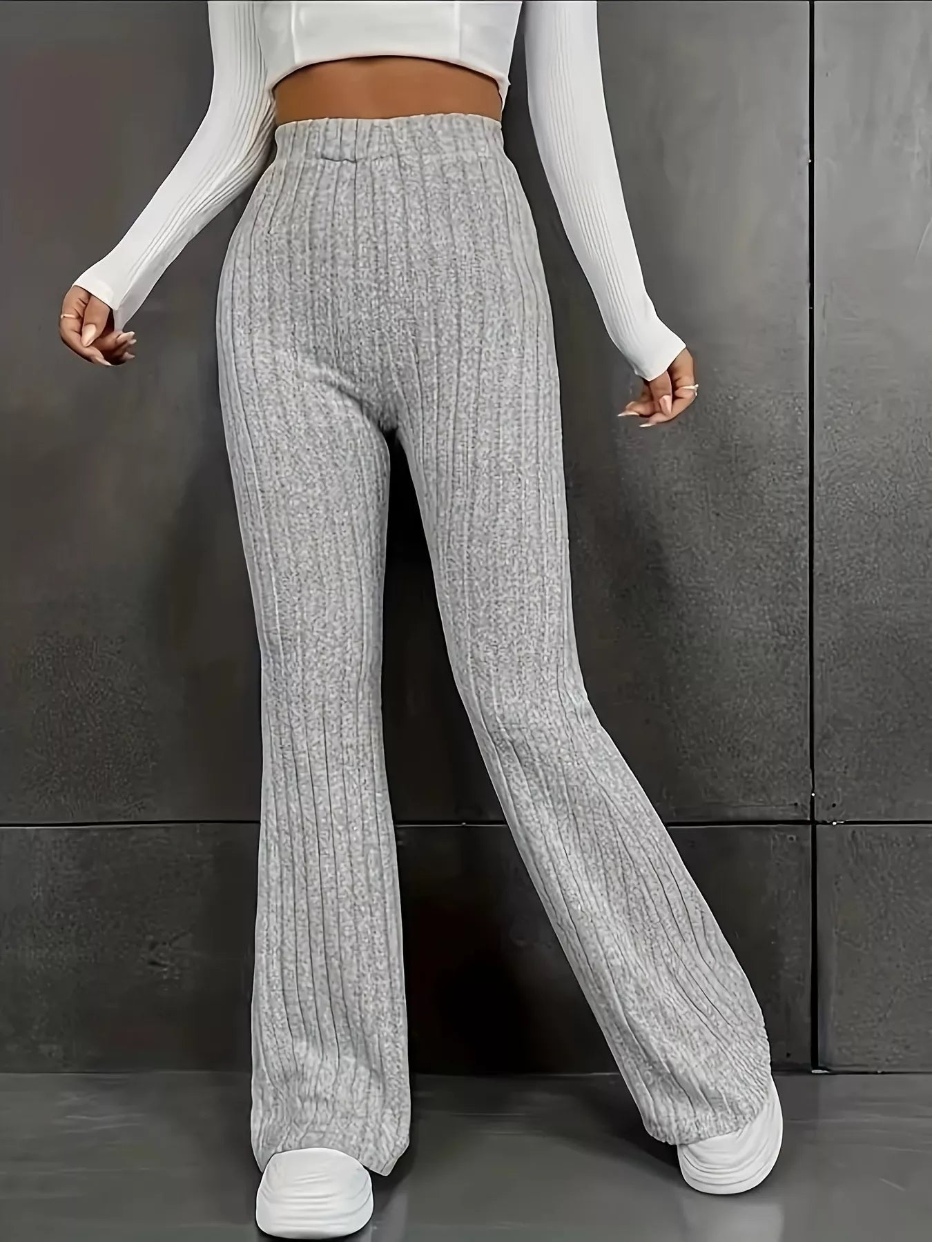 Plus Size Ribbed Knit High Waist Flare Pants - MAD RUFFI