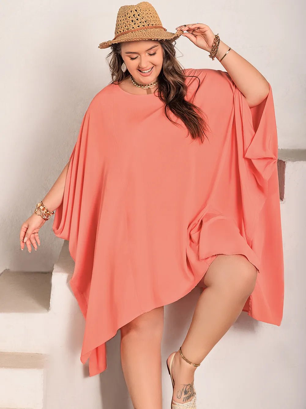 Plus Size Round Neck Batwing Sleeve Mini Dress - MAD RUFFI