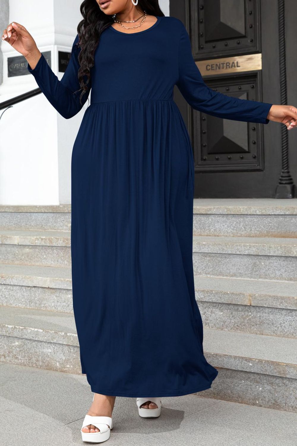 Plus Size Round Neck Long Sleeve Maxi Dress with Pockets - MAD RUFFI