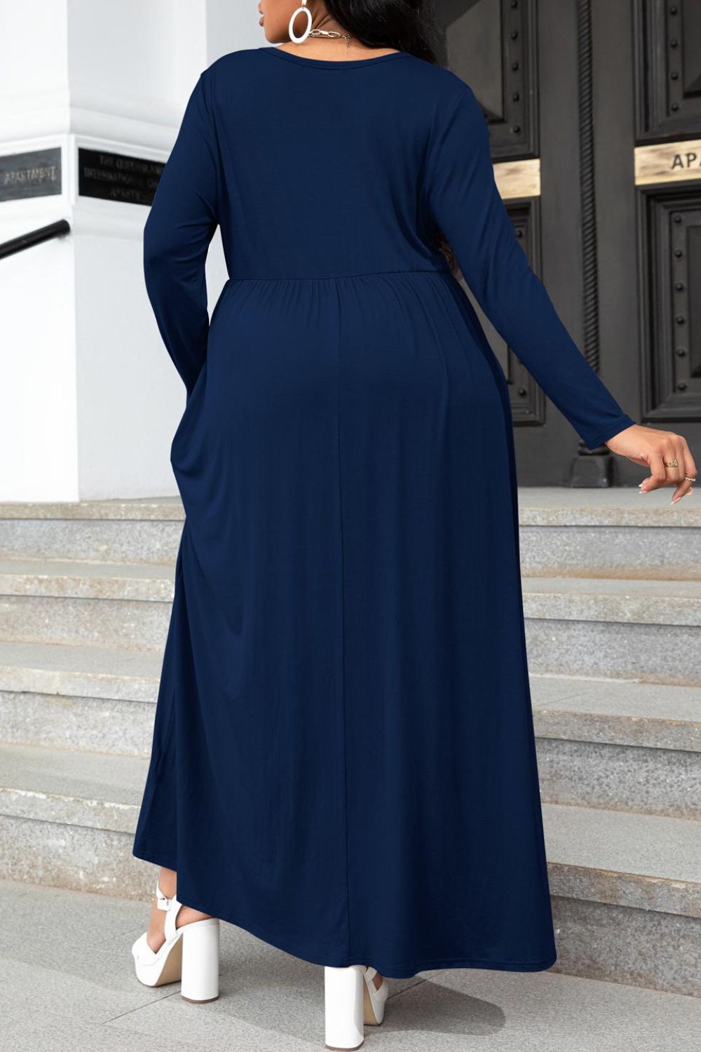 Plus Size Round Neck Long Sleeve Maxi Dress with Pockets - MAD RUFFI