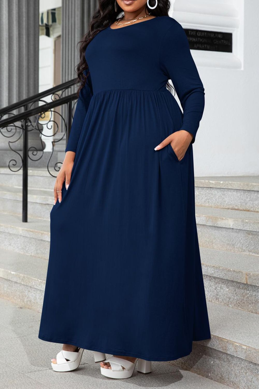 Plus Size Round Neck Long Sleeve Maxi Dress with Pockets - MAD RUFFI
