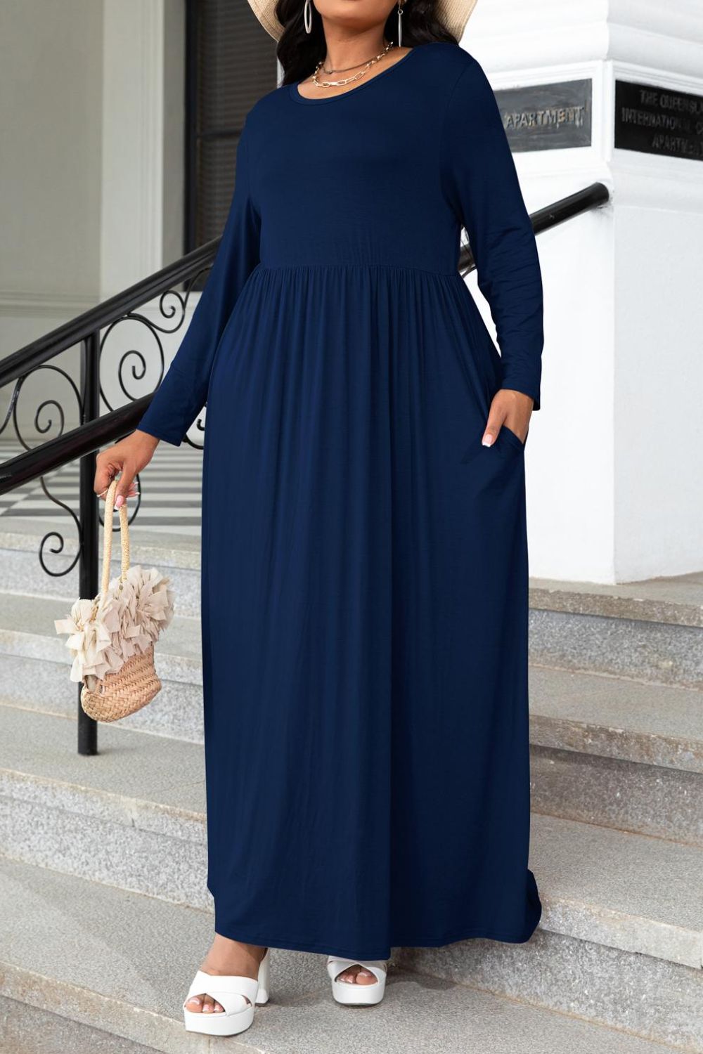 Plus Size Round Neck Long Sleeve Maxi Dress with Pockets - MAD RUFFI