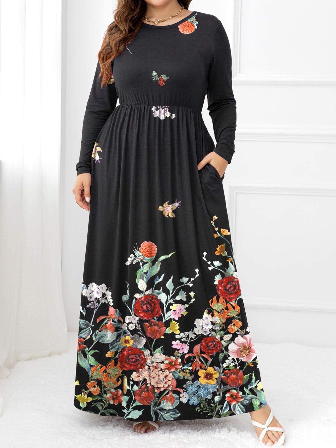 Plus Size Round Neck Maxi Dress with Pockets - MAD RUFFI