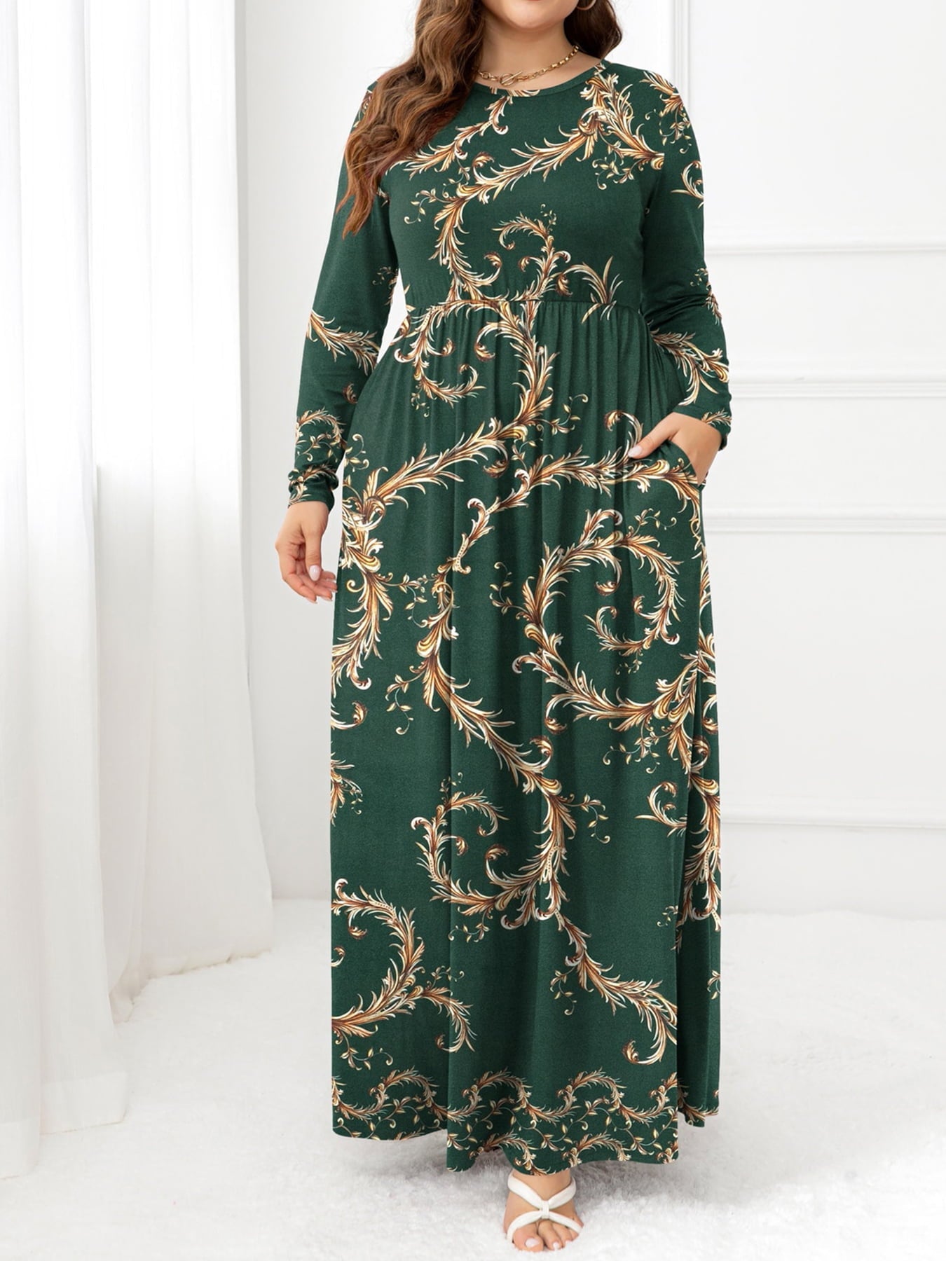 Plus Size Round Neck Maxi Dress with Pockets - MAD RUFFI