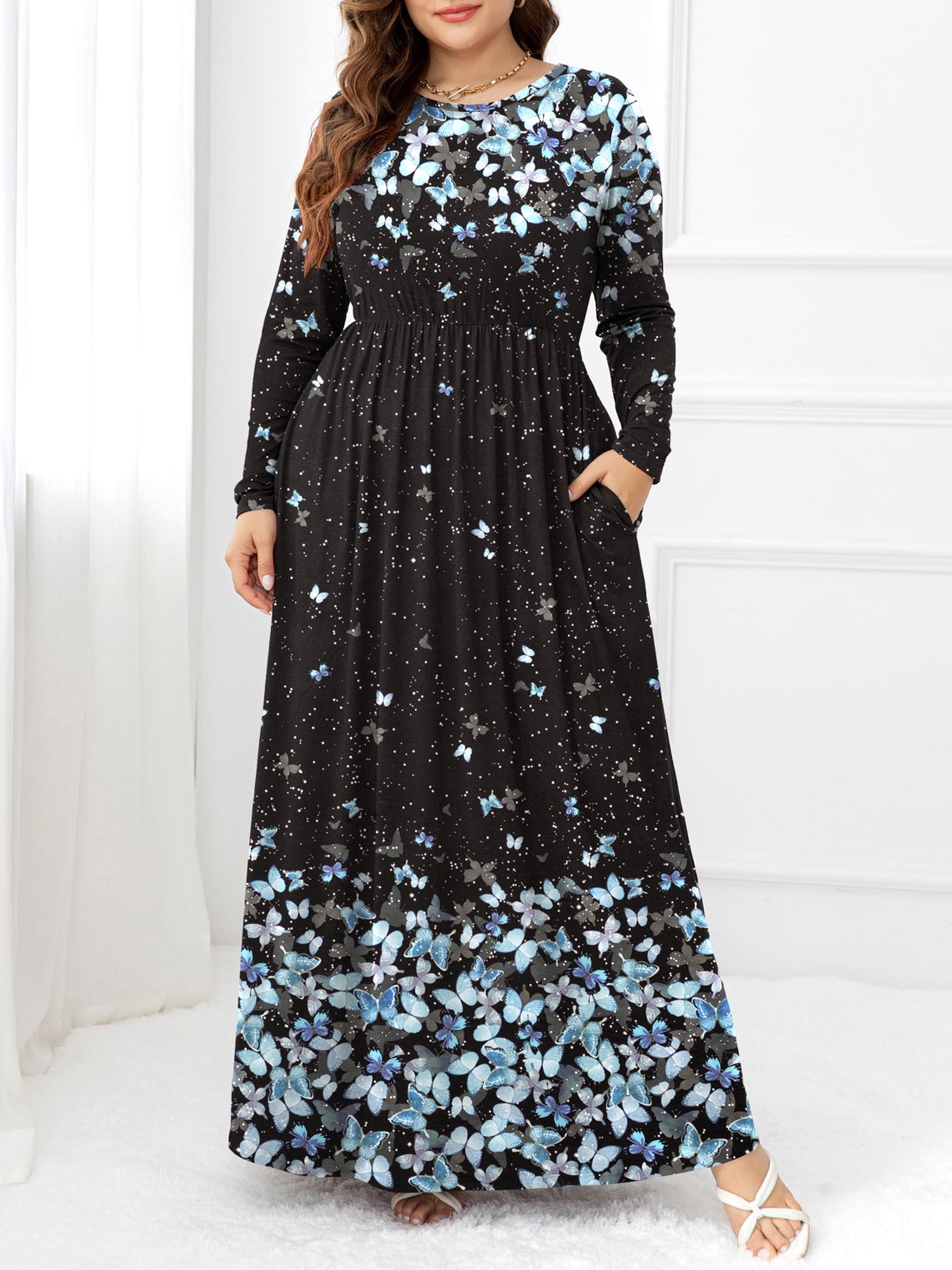 Plus Size Round Neck Maxi Dress with Pockets - MAD RUFFI