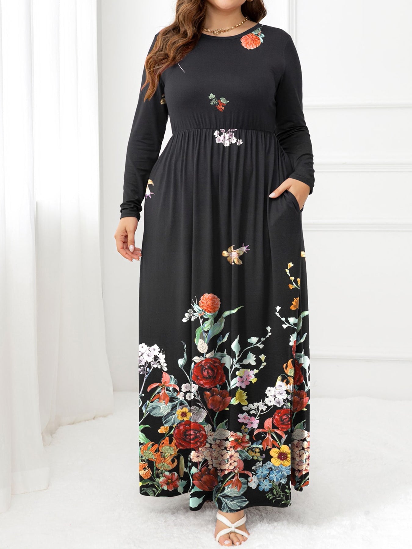 Plus Size Round Neck Maxi Dress with Pockets - MAD RUFFI