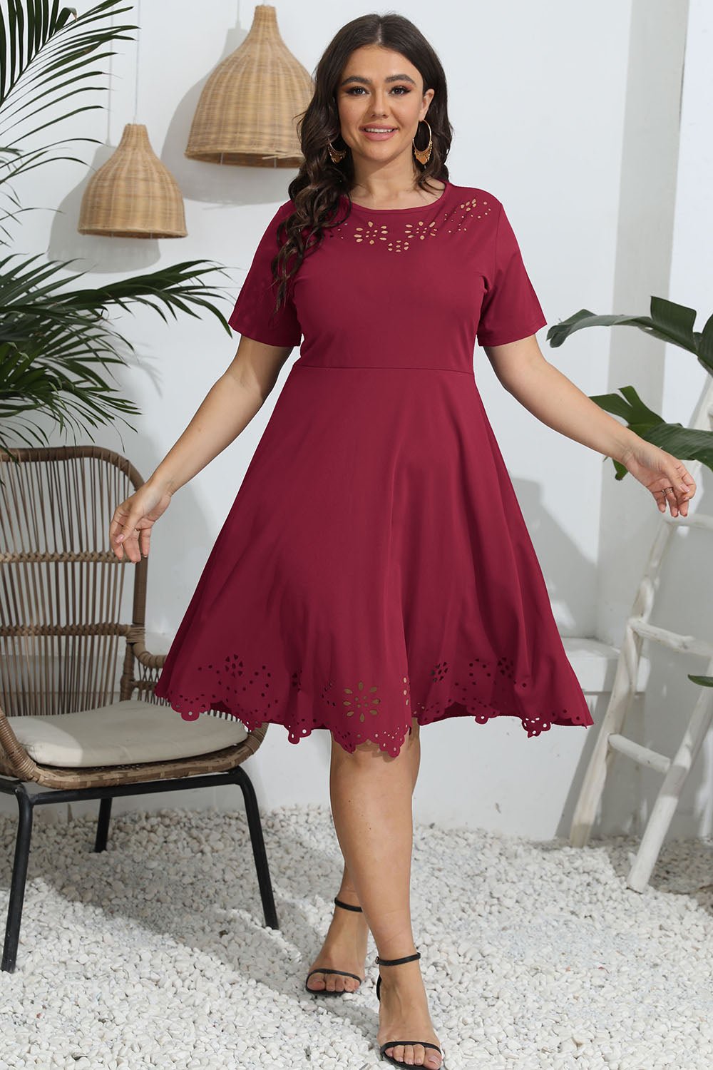 Plus Size Round Neck Openwork Dress - MAD RUFFI