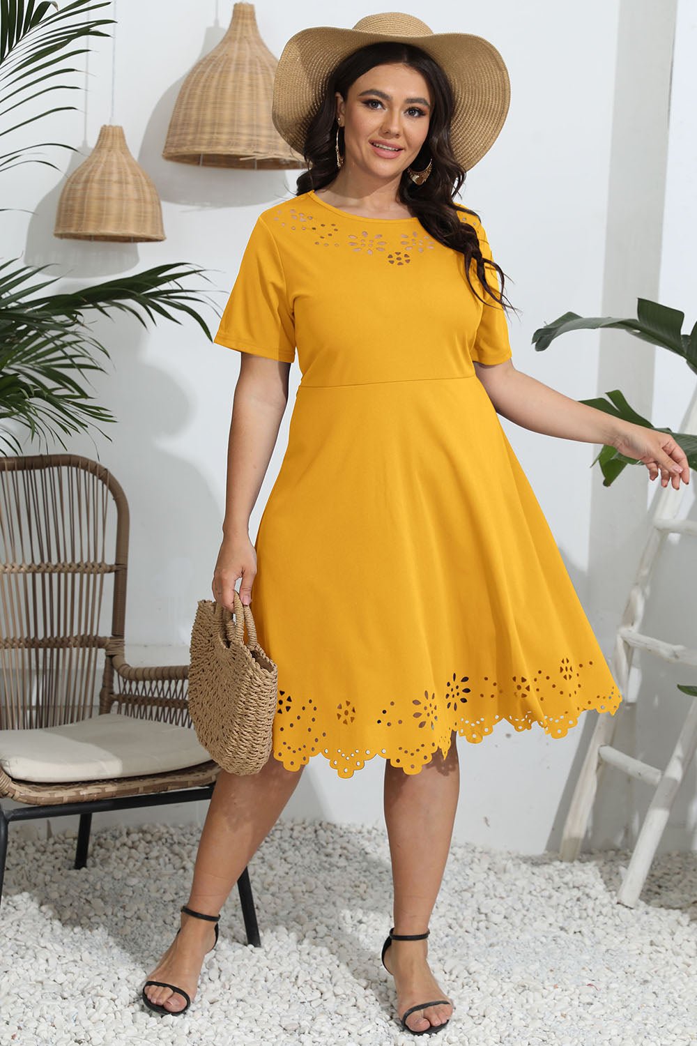 Plus Size Round Neck Openwork Dress - MAD RUFFI