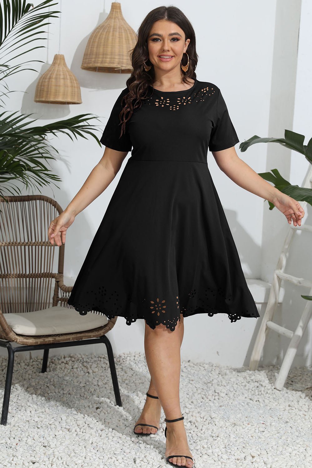 Plus Size Round Neck Openwork Dress - MAD RUFFI