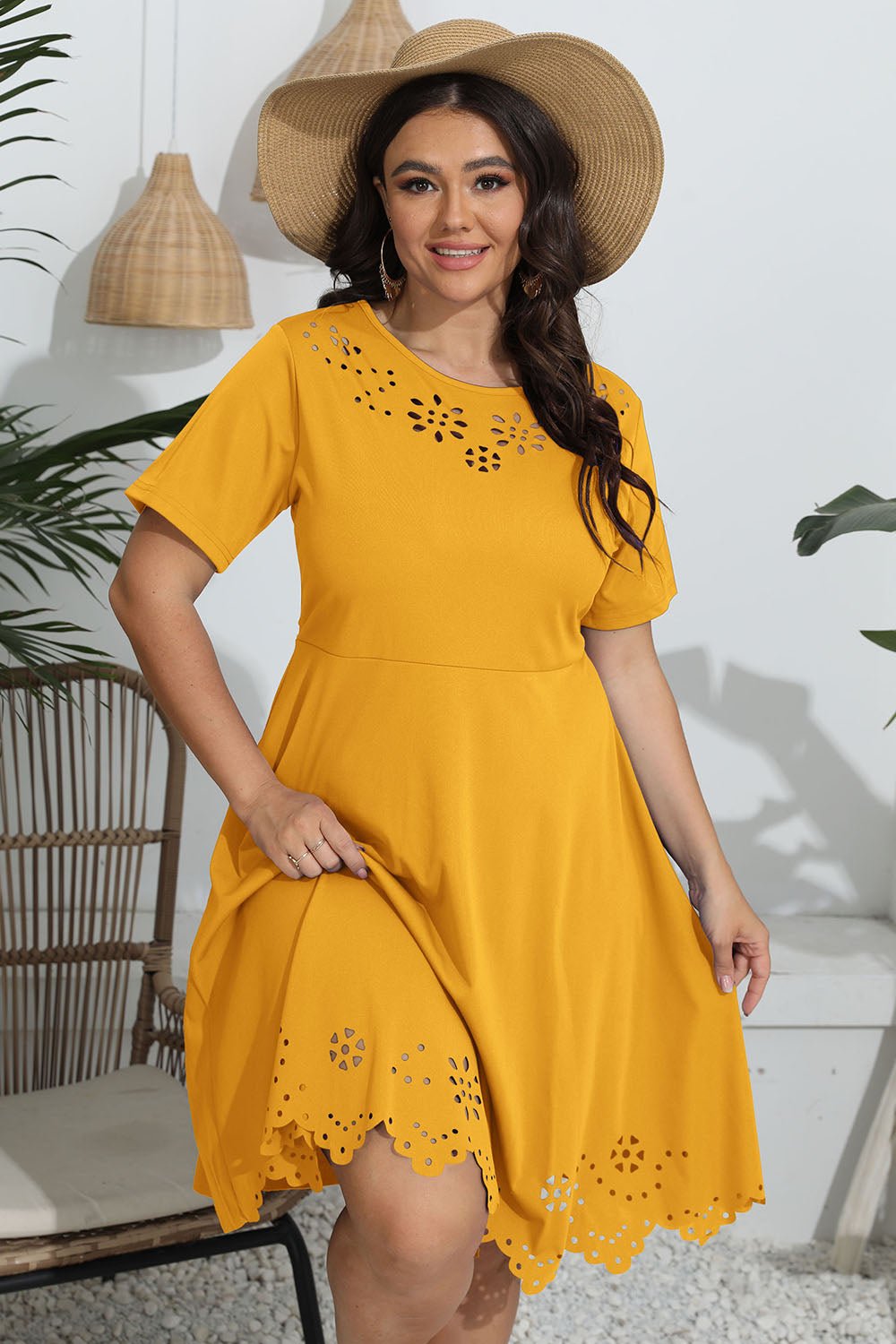 Plus Size Round Neck Openwork Dress - MAD RUFFI