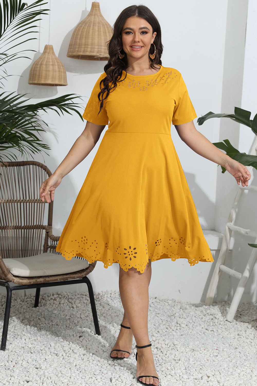 Plus Size Round Neck Openwork Dress - MAD RUFFI