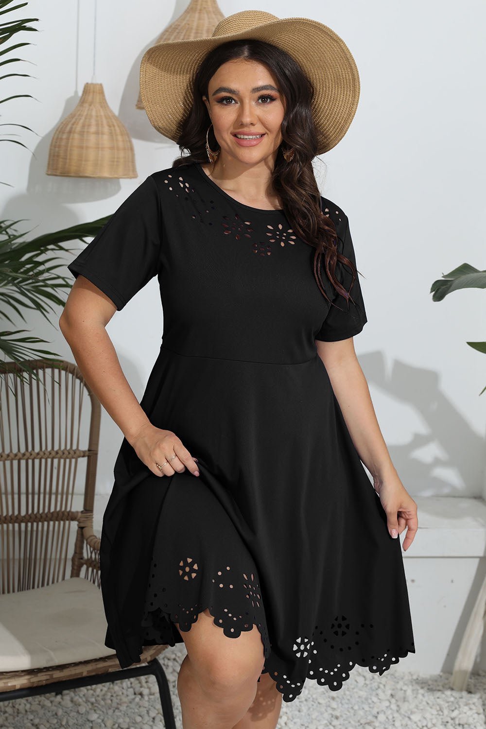 Plus Size Round Neck Openwork Dress - MAD RUFFI