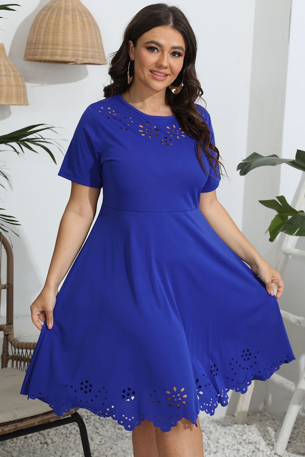 Plus Size Round Neck Openwork Dress - MAD RUFFI