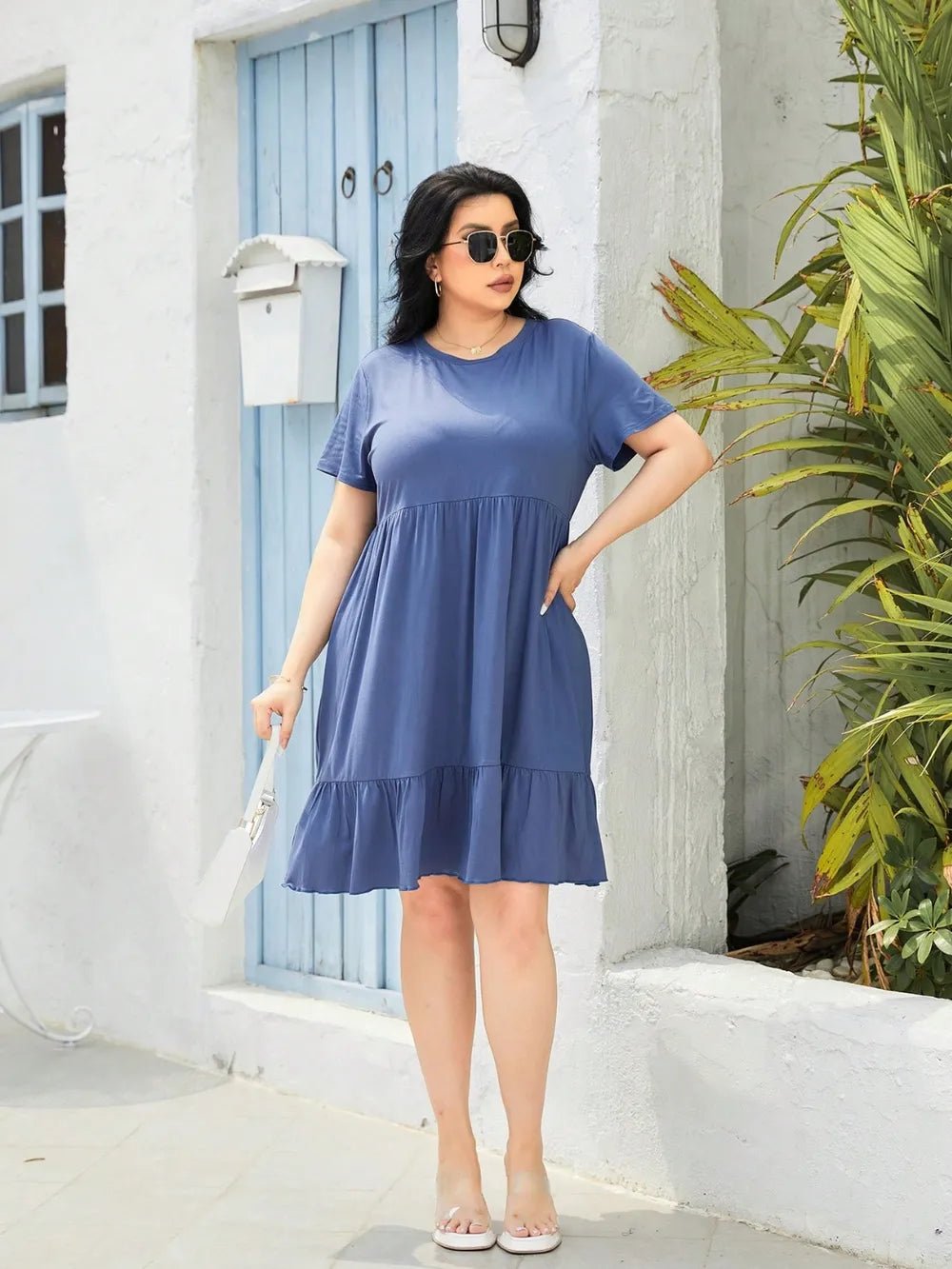 Plus Size Round Neck Short Sleeve Dress - MAD RUFFI