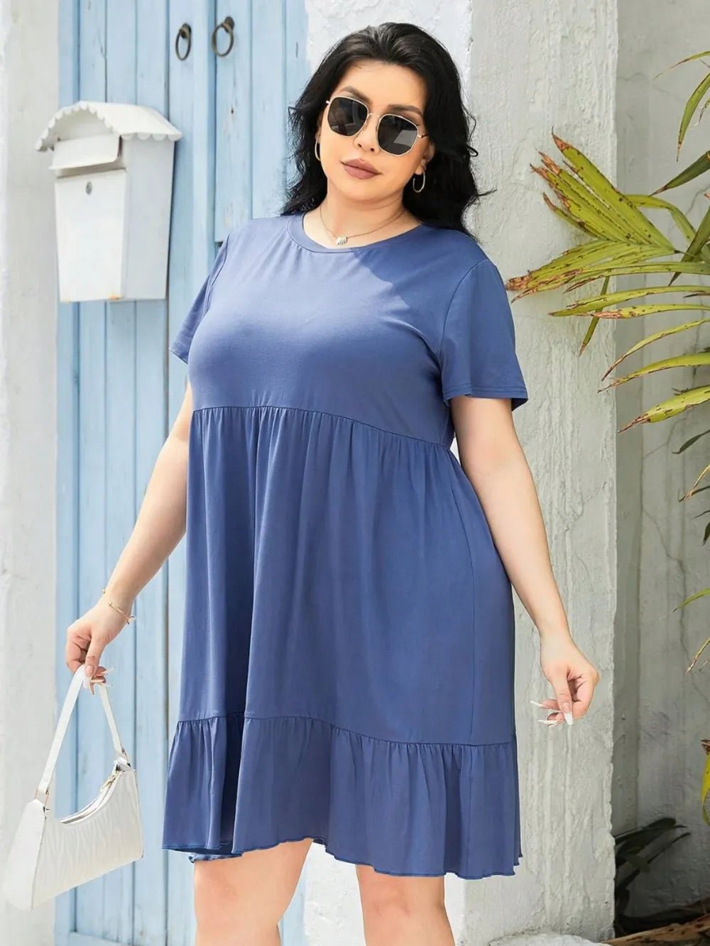 Plus Size Round Neck Short Sleeve Dress - MAD RUFFI