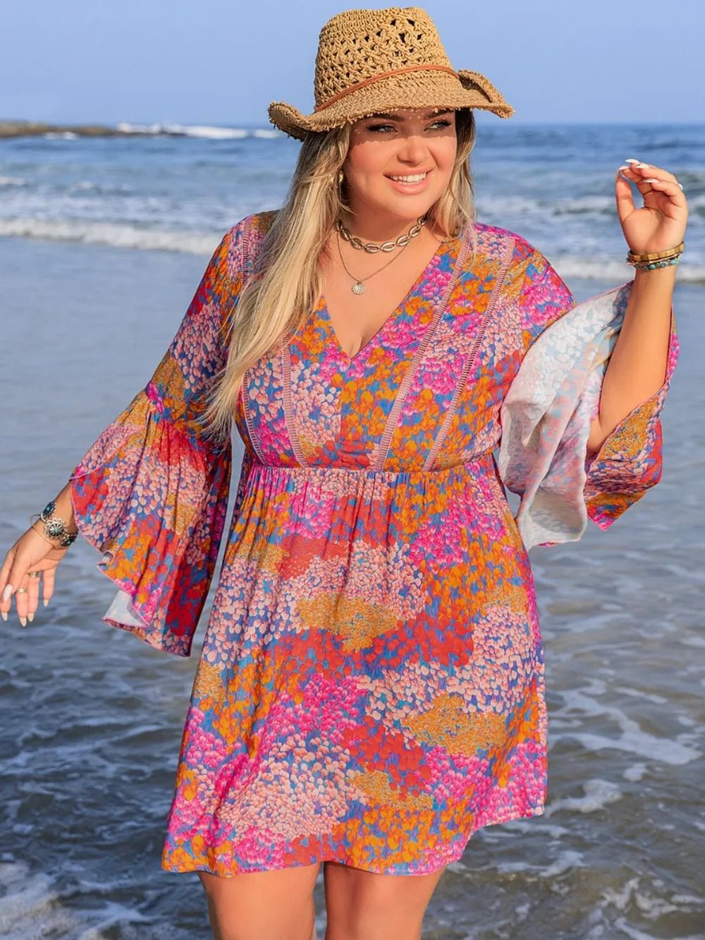 Plus Size Ruched Printed Long Sleeve Dress - MAD RUFFI
