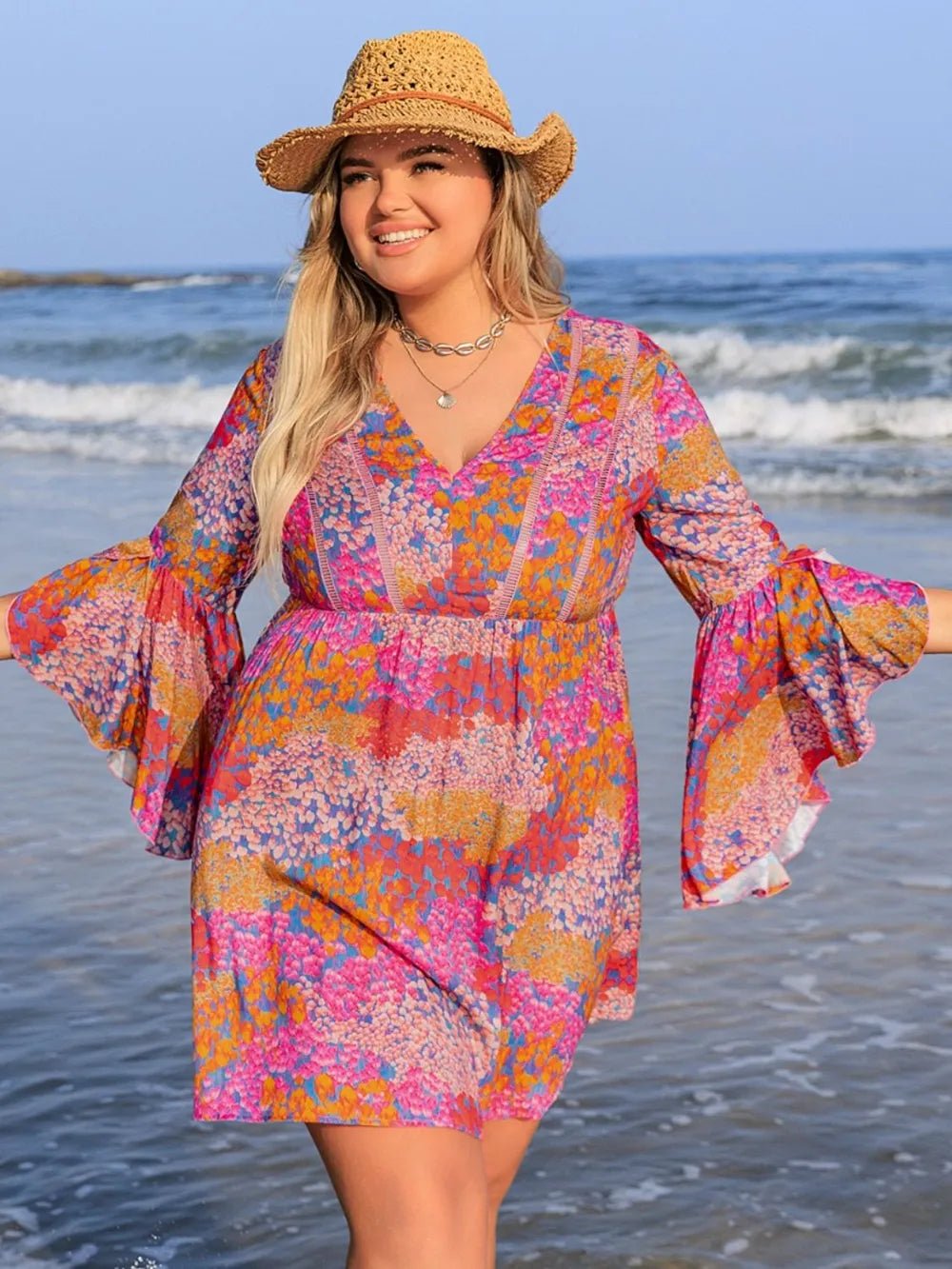 Plus Size Ruched Printed Long Sleeve Dress - MAD RUFFI
