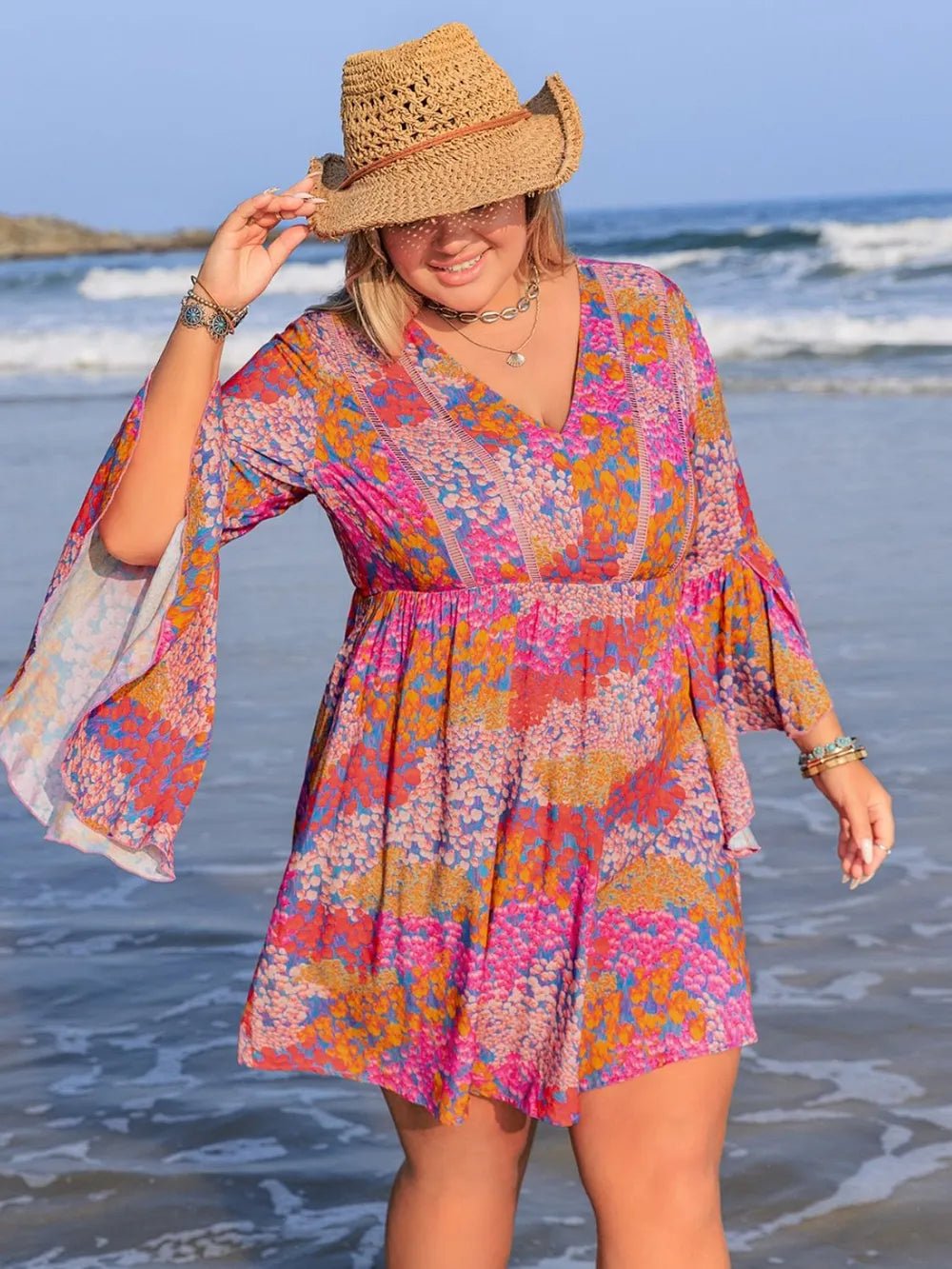Plus Size Ruched Printed Long Sleeve Dress - MAD RUFFI