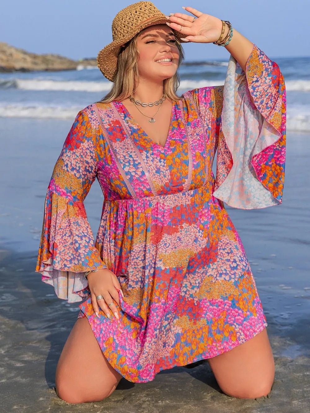 Plus Size Ruched Printed Long Sleeve Dress - MAD RUFFI