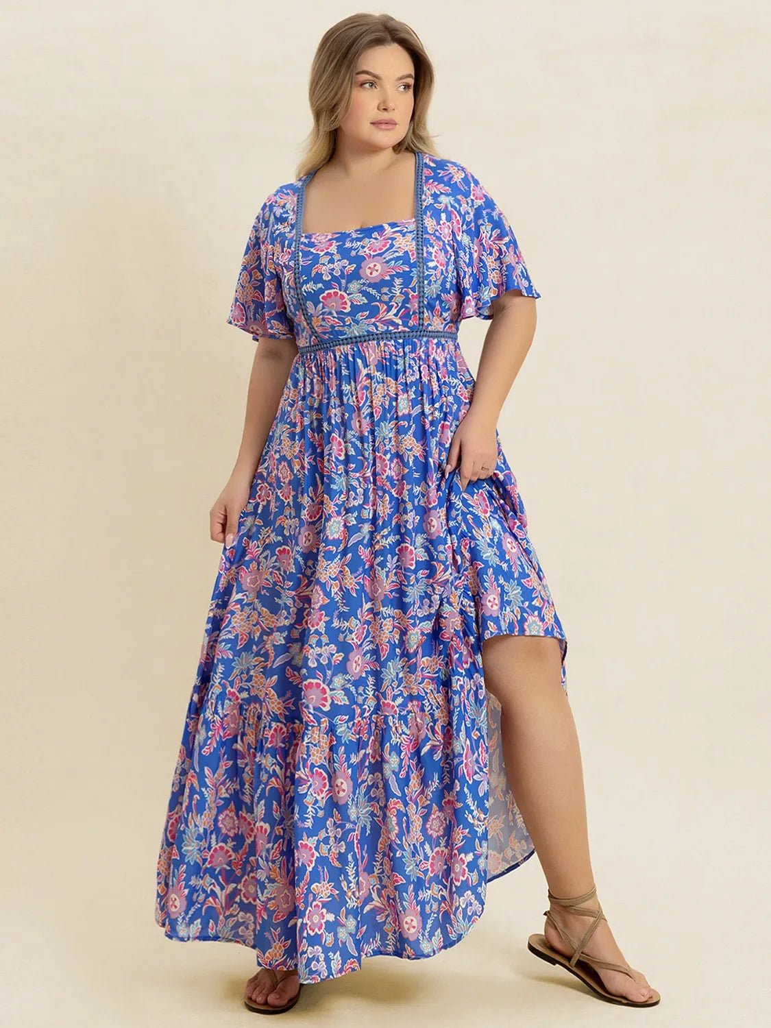 Plus Size Ruched Printed Short Sleeve Dress - MAD RUFFI