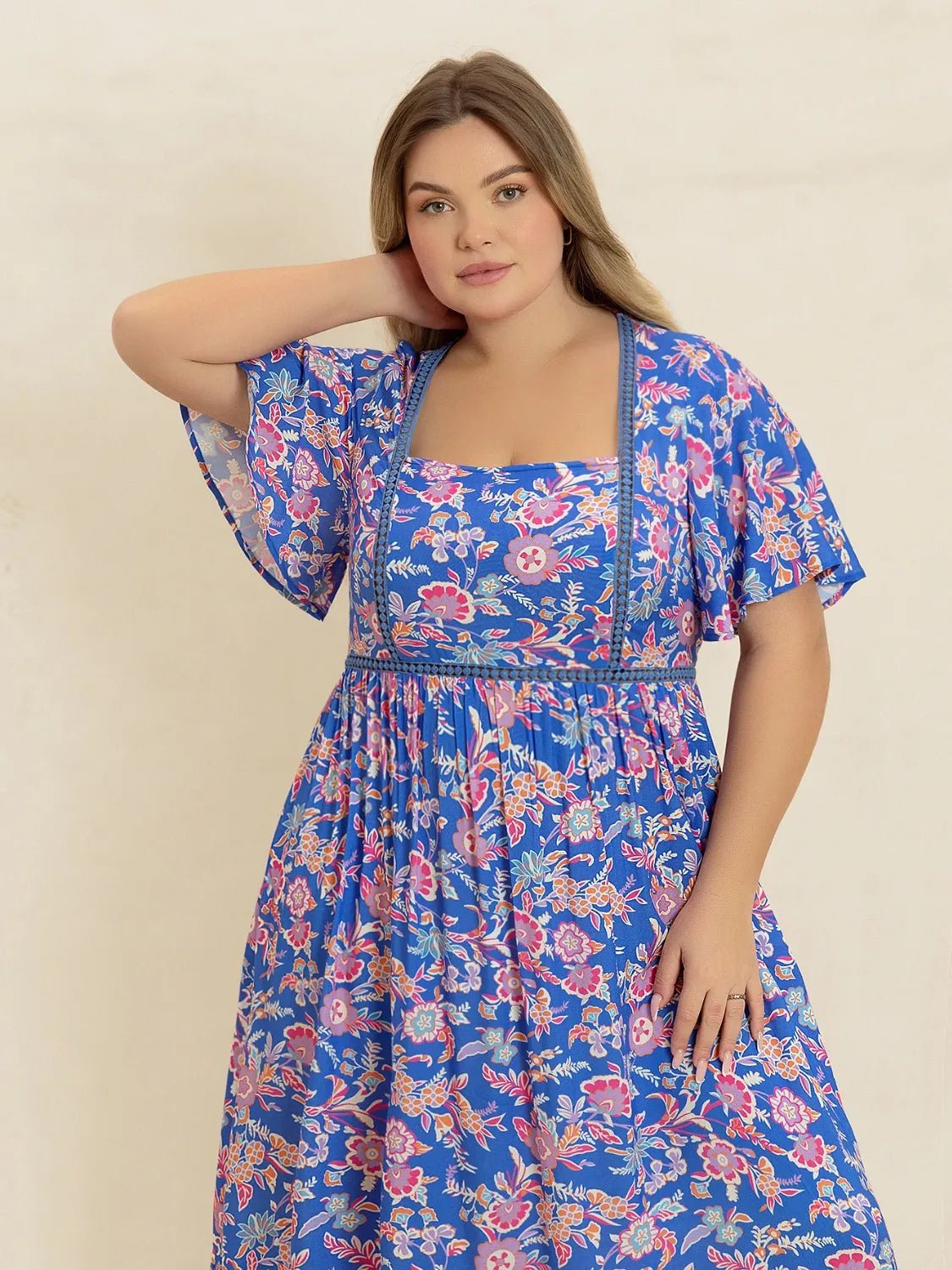 Plus Size Ruched Printed Short Sleeve Dress - MAD RUFFI