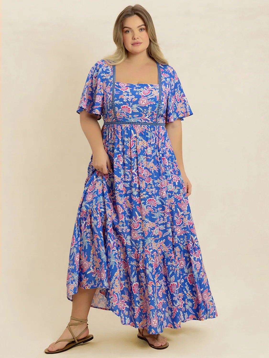 Plus Size Ruched Printed Short Sleeve Dress - MAD RUFFI