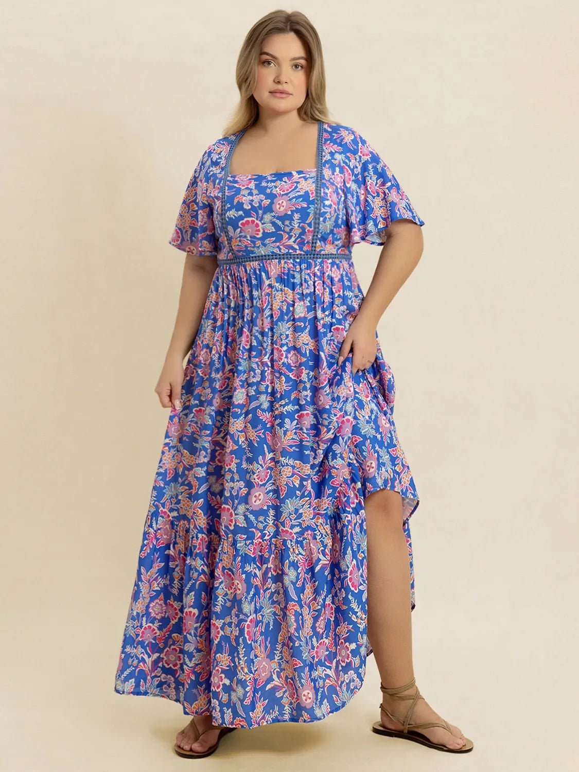 Plus Size Ruched Printed Short Sleeve Dress - MAD RUFFI