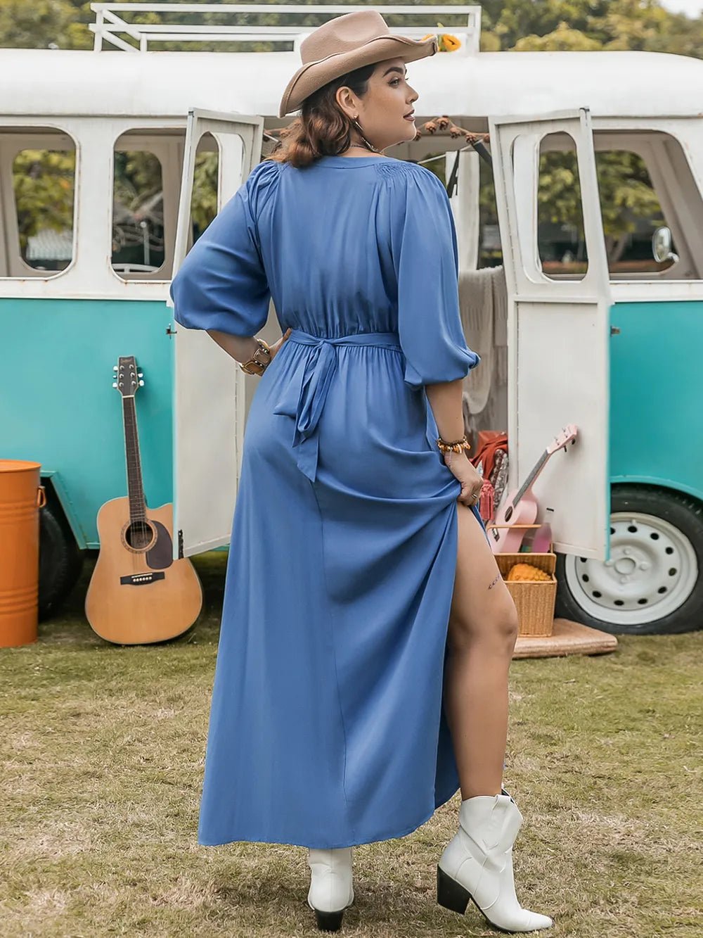 Plus Size Ruched Slit Three - Quarter Sleeve Midi Dress - MAD RUFFI