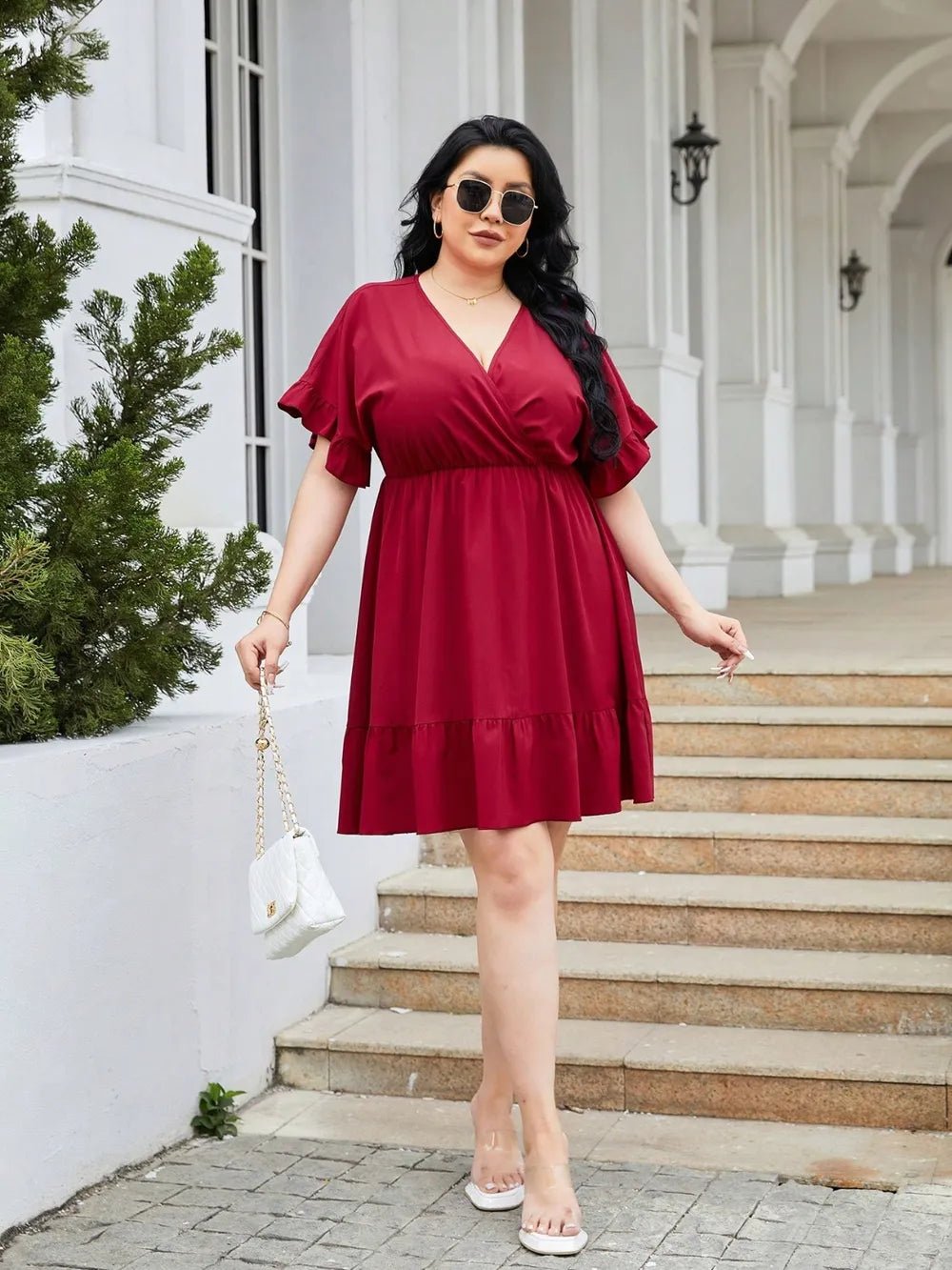 Plus Size Ruched Surplice Flounce Sleeve Mini Dress - MAD RUFFI