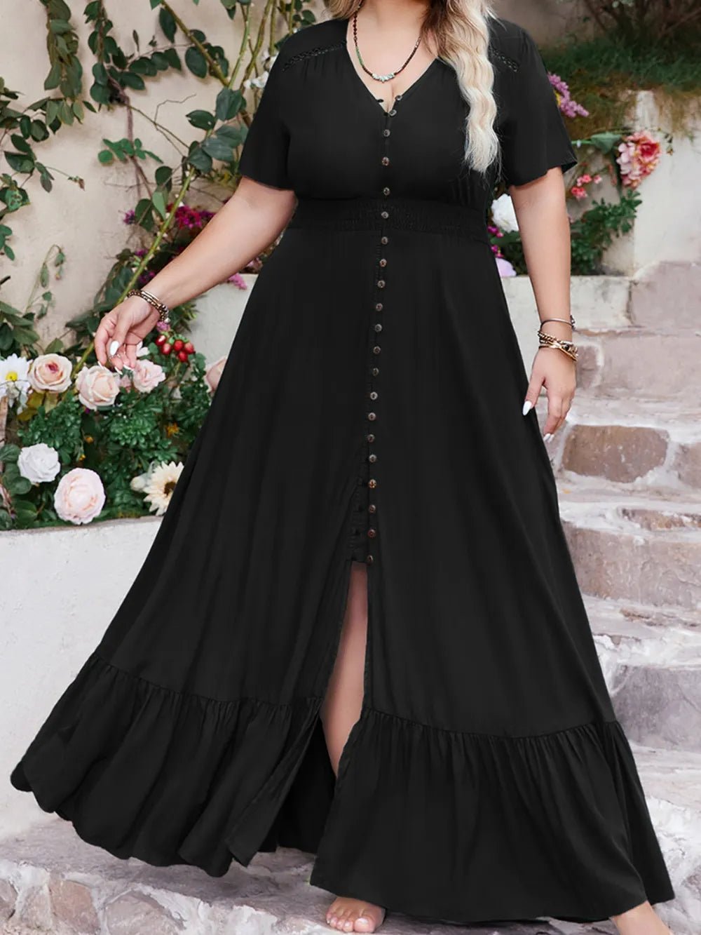 Plus Size Ruffled Hem Button Down V - Neck Short Sleeve Maxi Dress - MAD RUFFI